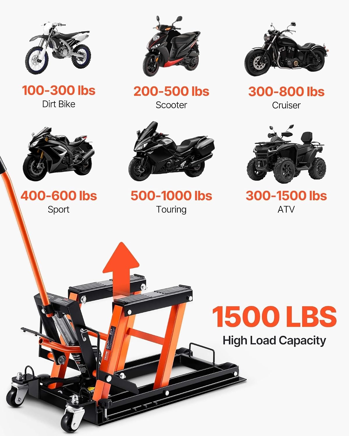 image:imageVEVOR Hydraulic Motorcycle Lift Jack 1500 LBS Capacity ATV Scissor Lift Jack Portable Motorcycle Lift Table with 4 Wheels Hydraulic FootOperated Hoist Stand for Motorcycle ATV UTV Powersports Portable Motorcycle Lift Table with 4 Wheels Hydraulic FootOperated Hoist Stand for ATV UTV PowersportsOrange
