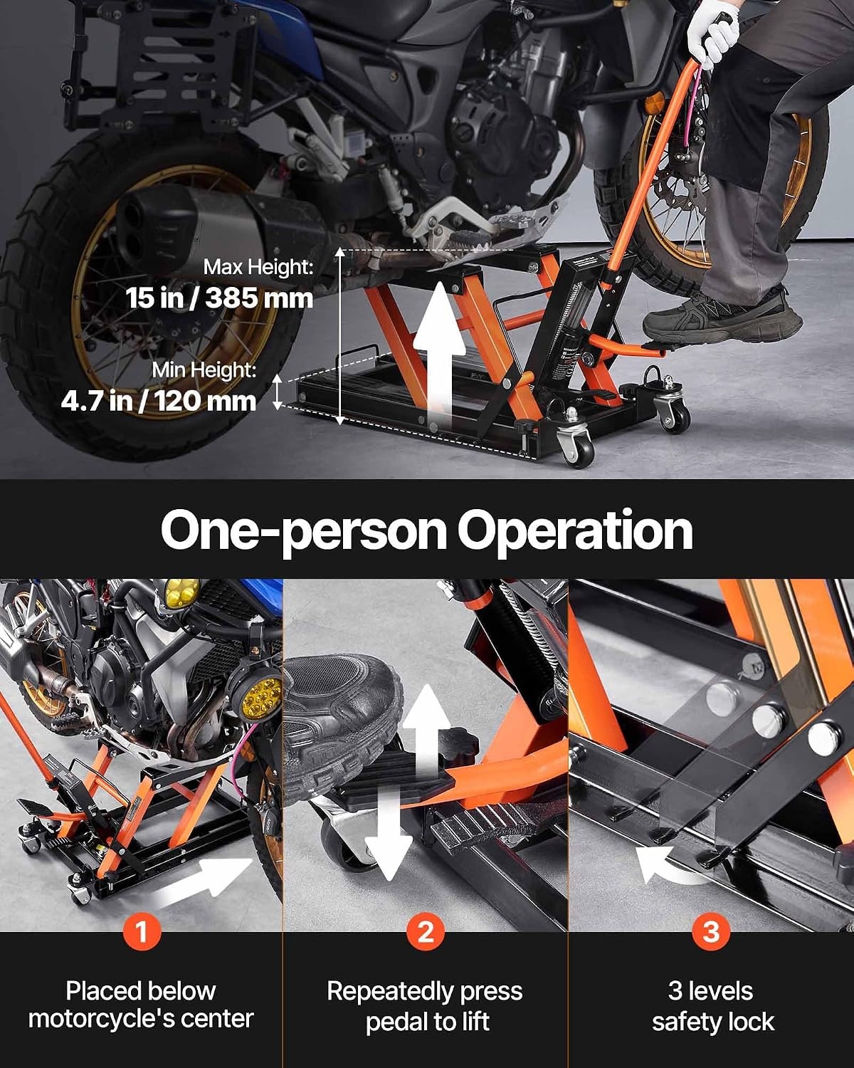 image:imageVEVOR Hydraulic Motorcycle Lift Jack 1500 LBS Capacity ATV Scissor Lift Jack Portable Motorcycle Lift Table with 4 Wheels Hydraulic FootOperated Hoist Stand for Motorcycle ATV UTV Powersports Portable Motorcycle Lift Table with 4 Wheels Hydraulic FootOperated Hoist Stand for ATV UTV PowersportsOrange
