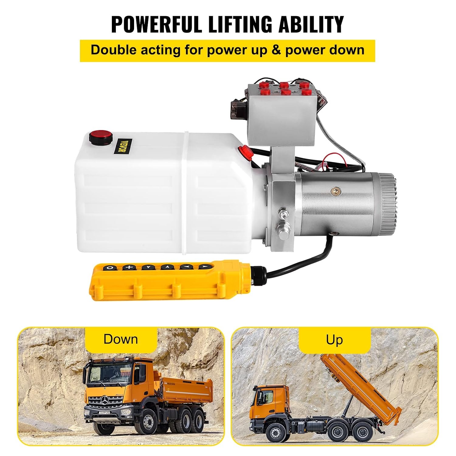 image:imageVEVOR Hydraulic Power Unit 6 Quart 6 Way Hydraulic Pump Double Acting Hydraulic Power Unit 12V DC Dump Trailer Car Remote with Plastic Oil Reservoir Plastic Double ActingDouble Acting