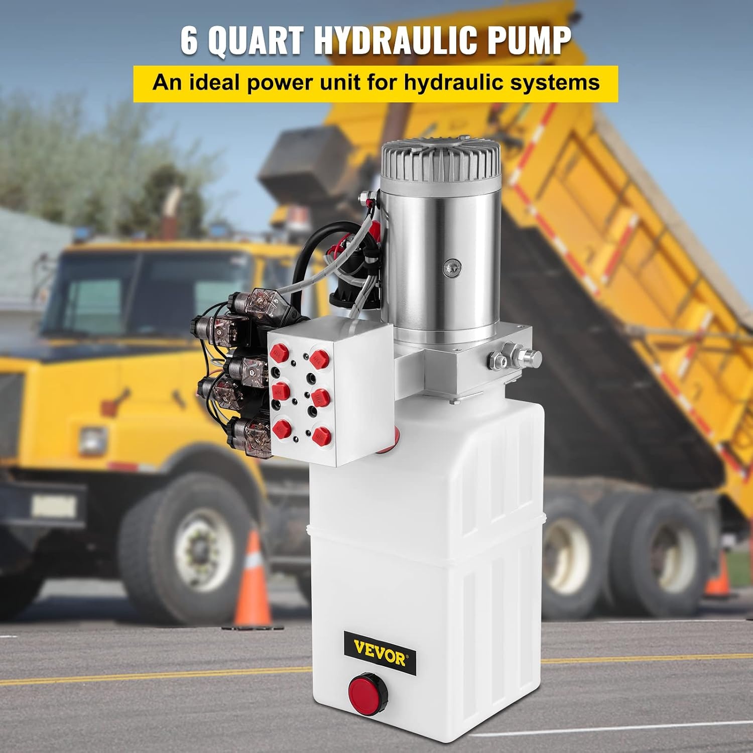 image:imageVEVOR Hydraulic Power Unit 6 Quart 6 Way Hydraulic Pump Double Acting Hydraulic Power Unit 12V DC Dump Trailer Car Remote with Plastic Oil Reservoir Plastic Double ActingDouble Acting