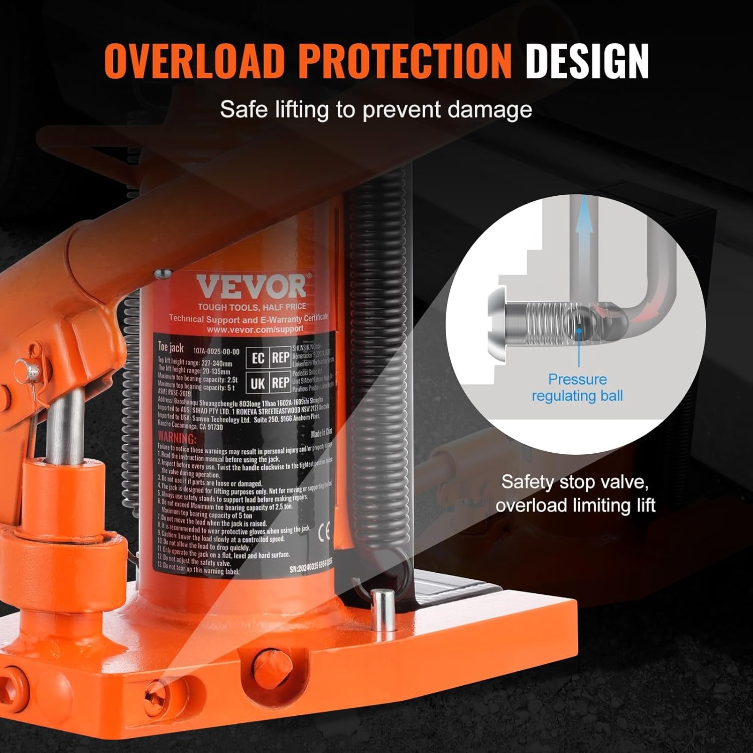 image:imageVEVOR Hydraulic Toe Jack 10 Ton Lift 20 Ton Capacity 1275 in Toe Height 126189 in Top Height Air Hydraulic Claw Jack for Machinery255 ton