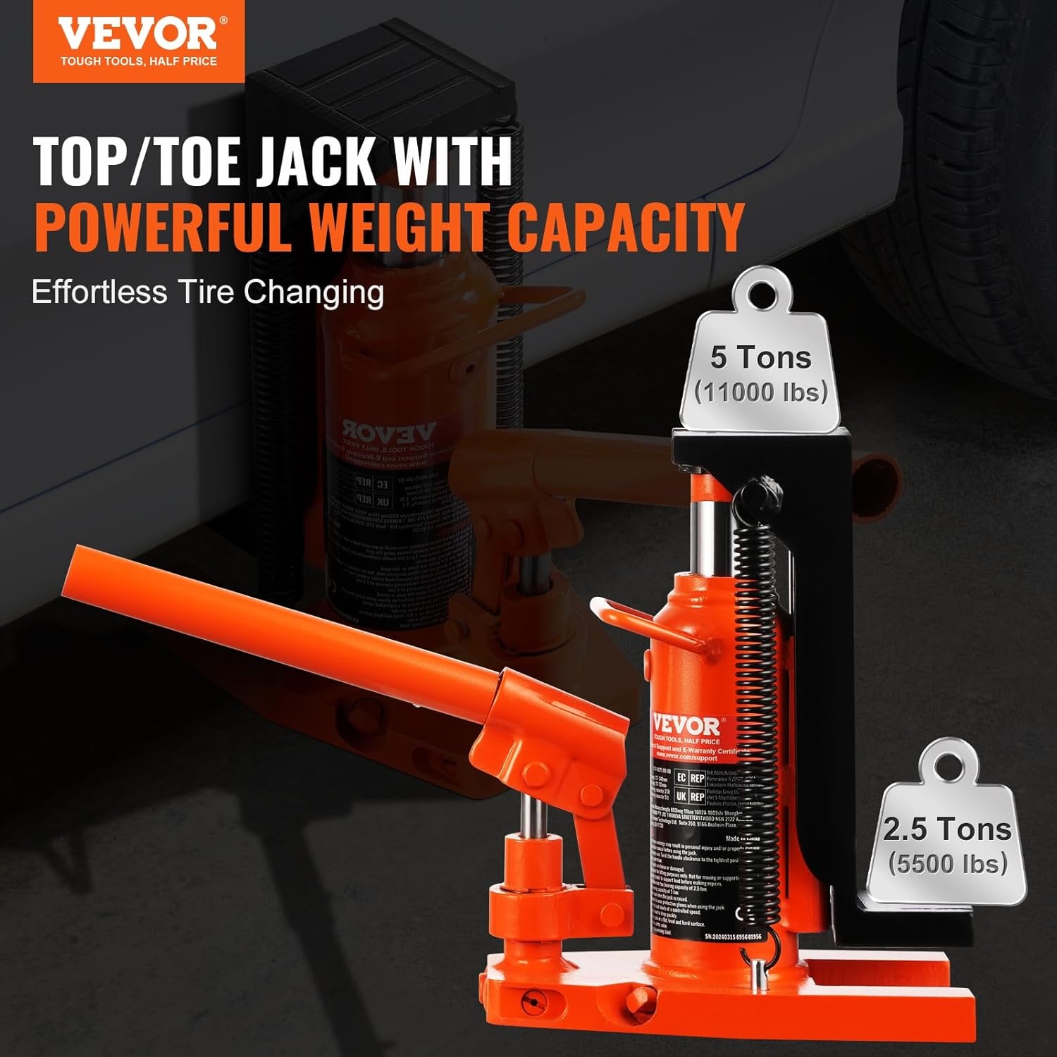 image:imageVEVOR Hydraulic Toe Jack 10 Ton Lift 20 Ton Capacity 1275 in Toe Height 126189 in Top Height Air Hydraulic Claw Jack for Machinery255 ton