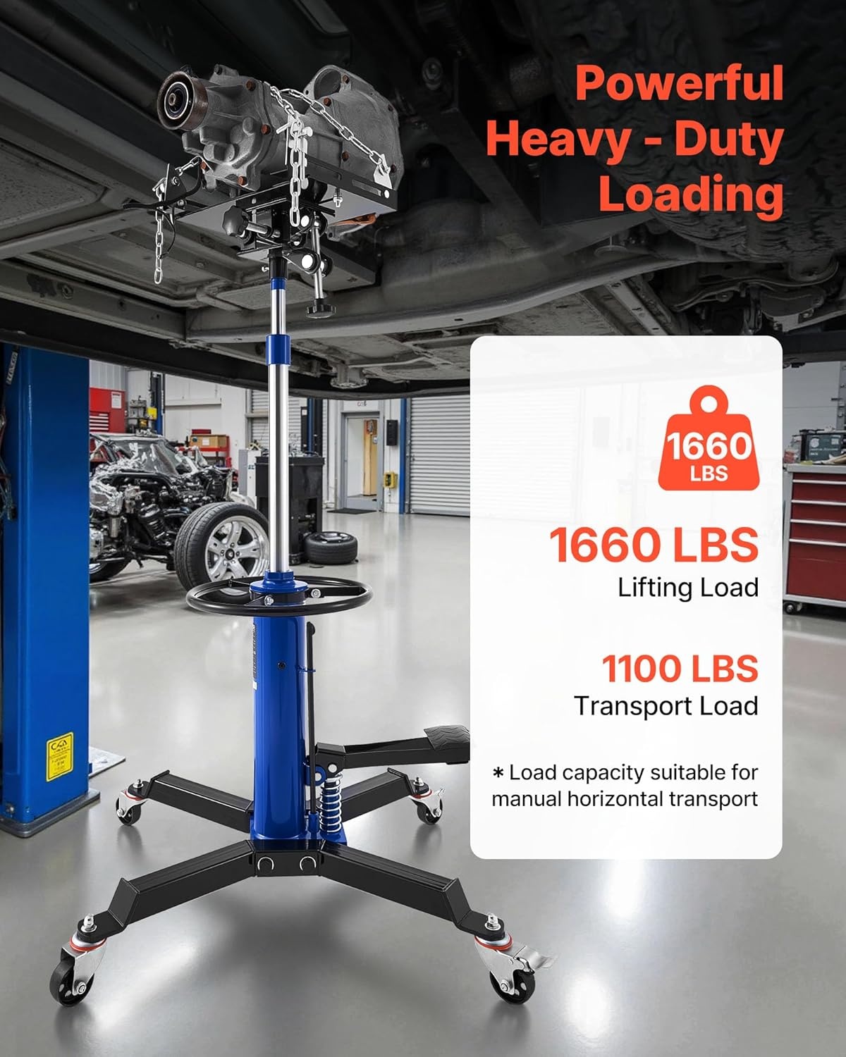 image:imageVEVOR Hydraulic Transmission Jack 1660 lbs Capacity Hydraulic Telescopic Transmission Jack 346693 in High Lifting Height 2Stage Floor Jack Stand with Foot Pedal 360 Swivel Wheel Blue289 x 246 x 38273 in