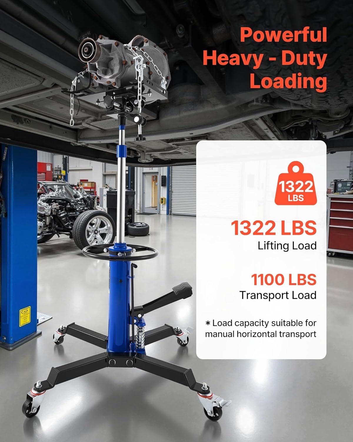 image:imageVEVOR Hydraulic Transmission Jack 1660 lbs Capacity Hydraulic Telescopic Transmission Jack 346693 in High Lifting Height 2Stage Floor Jack Stand with Foot Pedal 360 Swivel Wheel Blue2Stage 1322 LBS