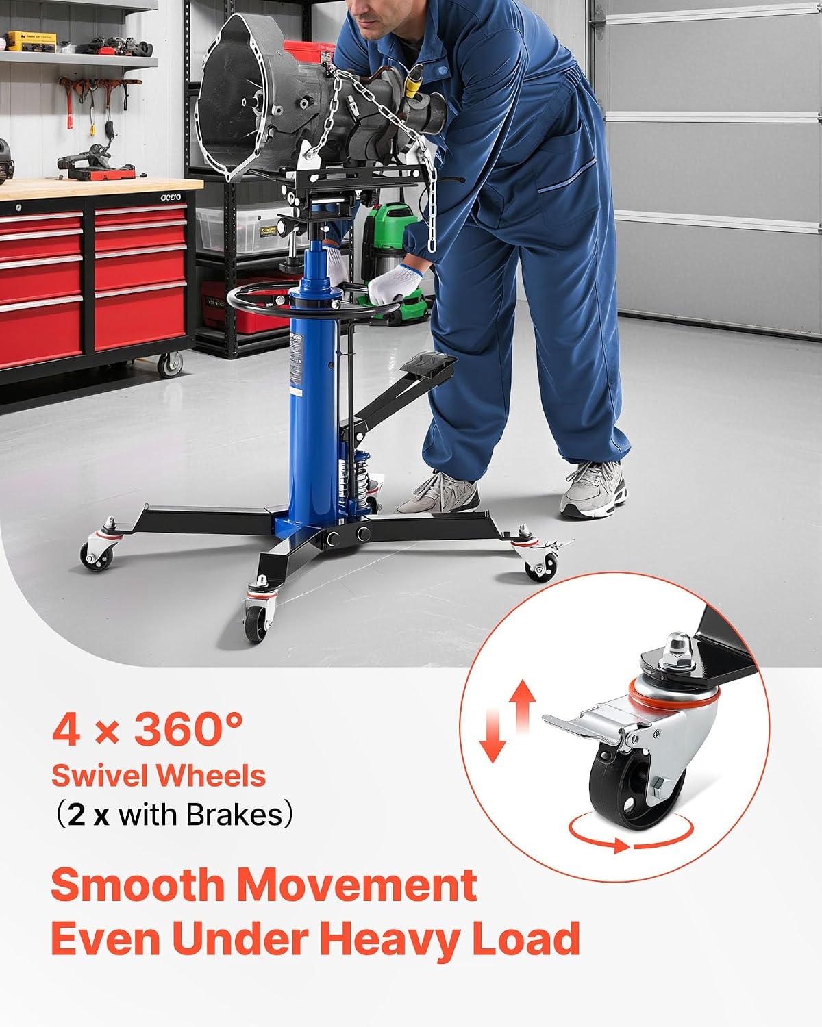 image:imageVEVOR Hydraulic Transmission Jack 1660 lbs Capacity Hydraulic Telescopic Transmission Jack 346693 in High Lifting Height 2Stage Floor Jack Stand with Foot Pedal 360 Swivel Wheel Blue2Stage 1322 LBS
