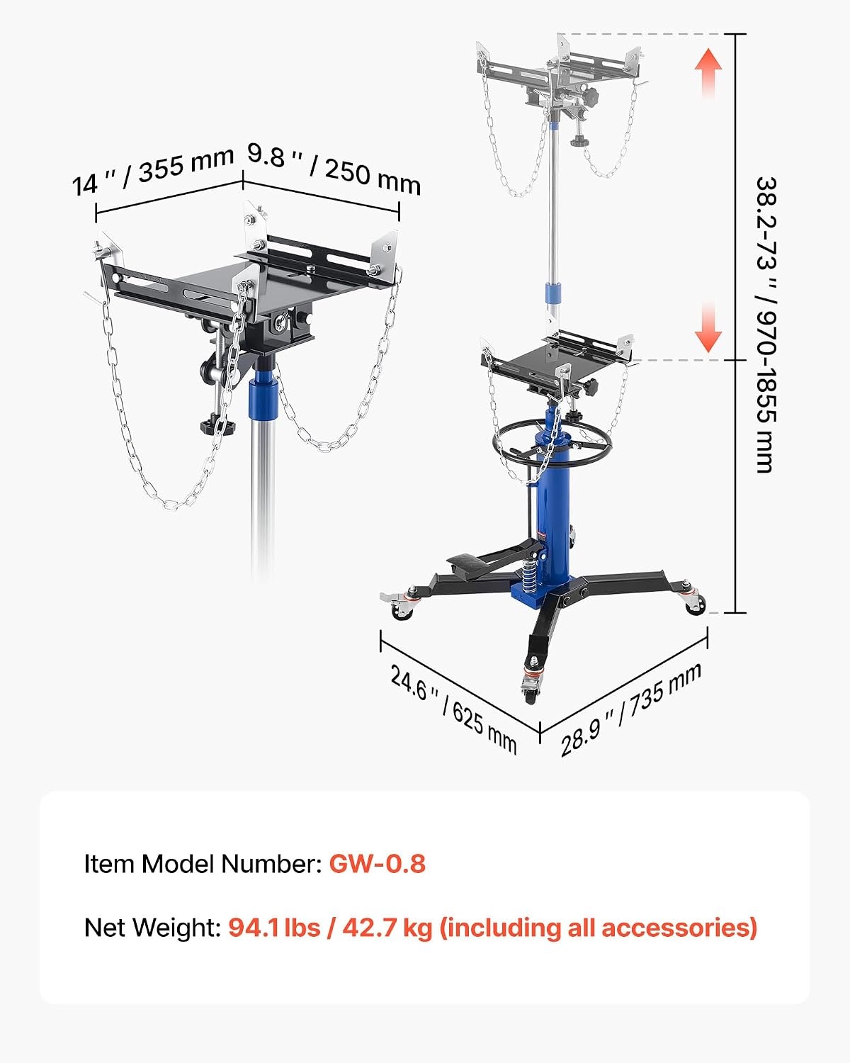 image:imageVEVOR Hydraulic Transmission Jack 1660 lbs Capacity Hydraulic Telescopic Transmission Jack 346693 in High Lifting Height 2Stage Floor Jack Stand with Foot Pedal 360 Swivel Wheel Blue289 x 246 x 38273 in