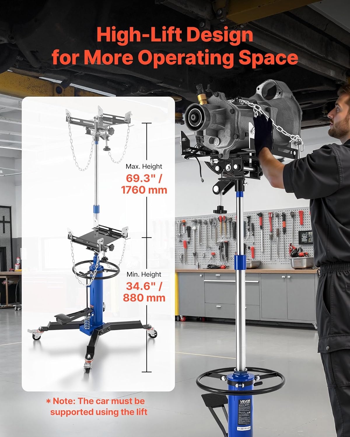 image:imageVEVOR Hydraulic Transmission Jack 1660 lbs Capacity Hydraulic Telescopic Transmission Jack 346693 in High Lifting Height 2Stage Floor Jack Stand with Foot Pedal 360 Swivel Wheel Blue289 x 246 x 38273 in