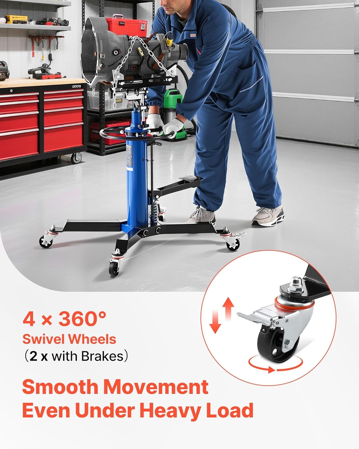image:imageVEVOR Hydraulic Transmission Jack 1660 lbs Capacity Hydraulic Telescopic Transmission Jack 346693 in High Lifting Height 2Stage Floor Jack Stand with Foot Pedal 360 Swivel Wheel Blue289 x 246 x 38273 in
