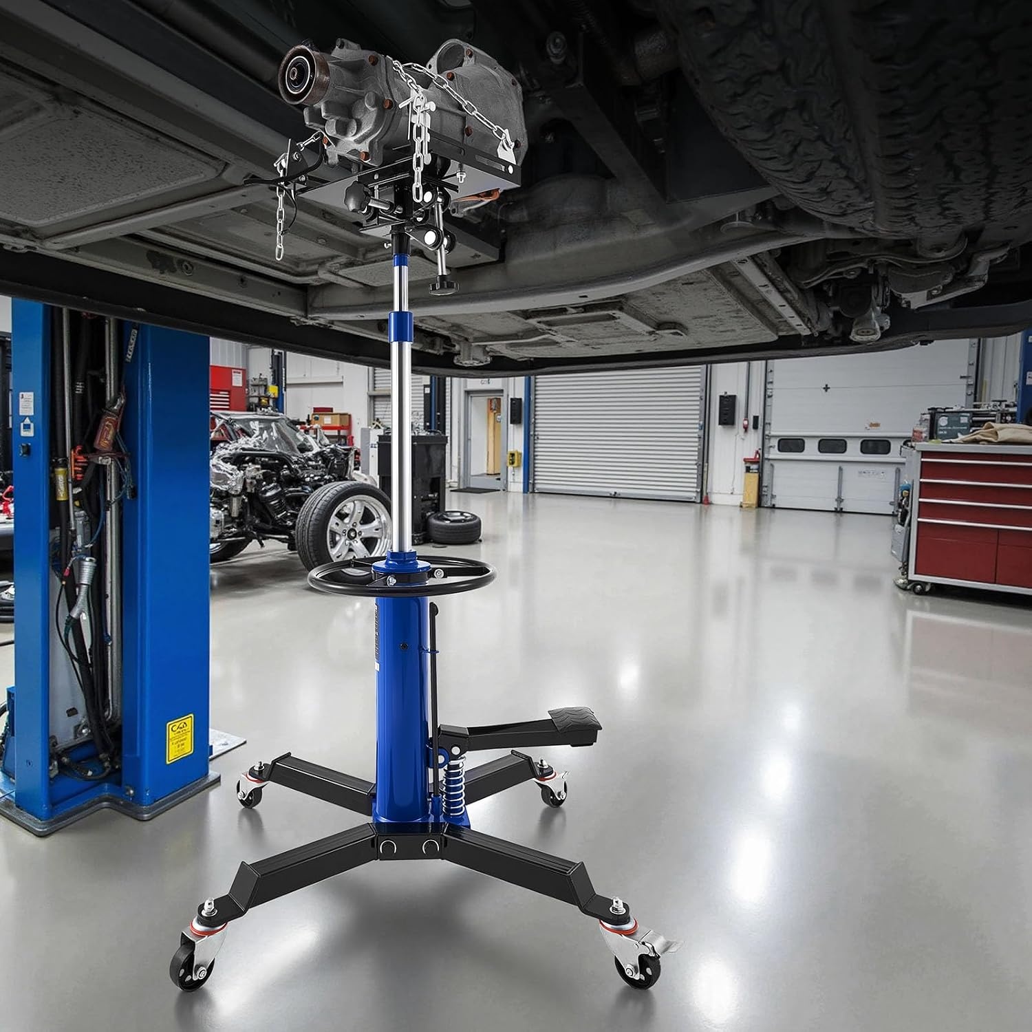 image:imageVEVOR Hydraulic Transmission Jack 1660 lbs Capacity Hydraulic Telescopic Transmission Jack 346693 in High Lifting Height 2Stage Floor Jack Stand with Foot Pedal 360 Swivel Wheel Blue289 x 246 x 38273 in