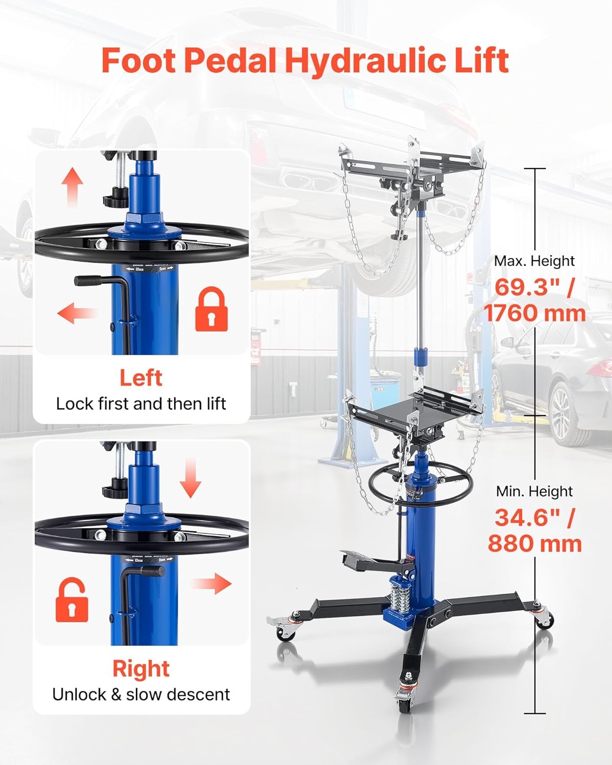 image:imageVEVOR Hydraulic Transmission Jack 1660 lbs Capacity Hydraulic Telescopic Transmission Jack 346693 in High Lifting Height 2Stage Floor Jack Stand with Foot Pedal 360 Swivel Wheel Blue2Stage 1322 LBS