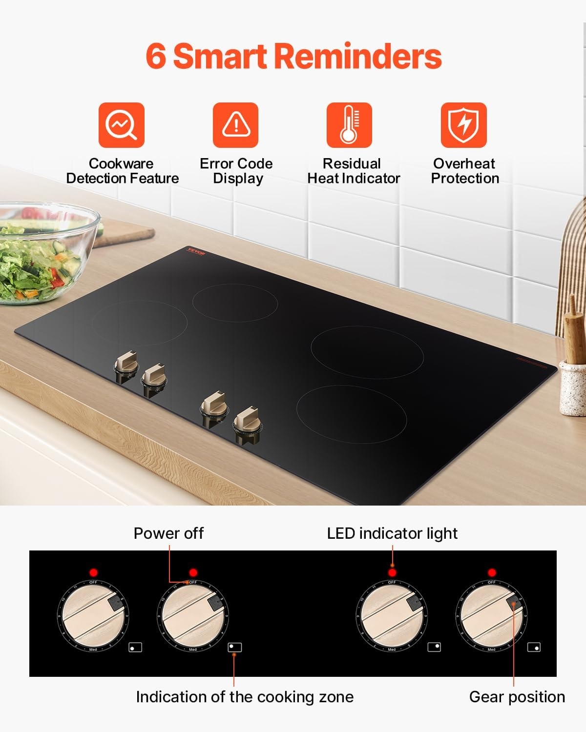 image:imageVEVOR Induction Cooktop 4 Burner 6600W Electric Countertop Burner Knob Control Builtin Stove Induction Cooktop with 12 Temperature Settings Glass Surface Auto ShutOff30in 4burnersknob control