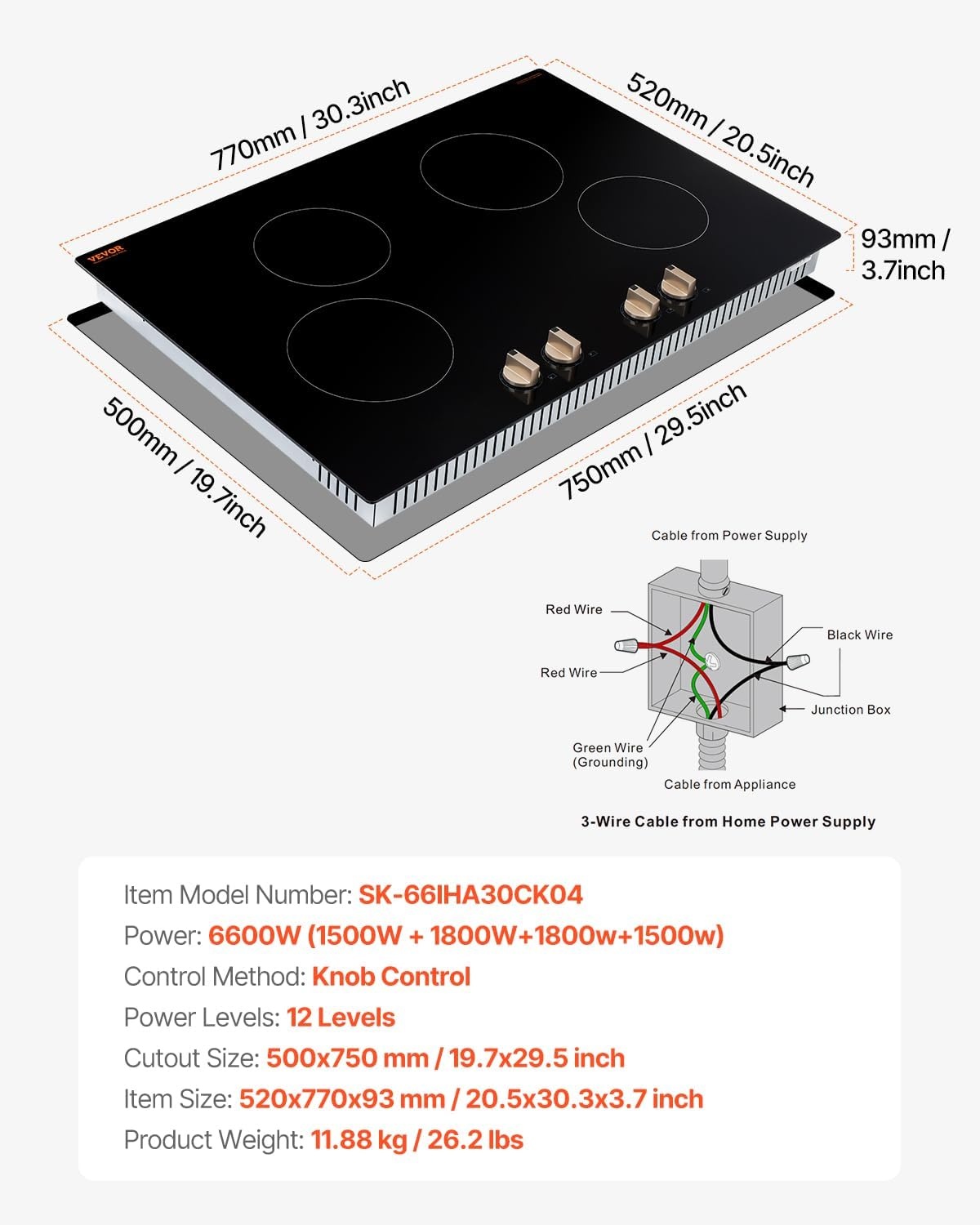 image:imageVEVOR Induction Cooktop 4 Burner 6600W Electric Countertop Burner Knob Control Builtin Stove Induction Cooktop with 12 Temperature Settings Glass Surface Auto ShutOff30in 4burnersknob control