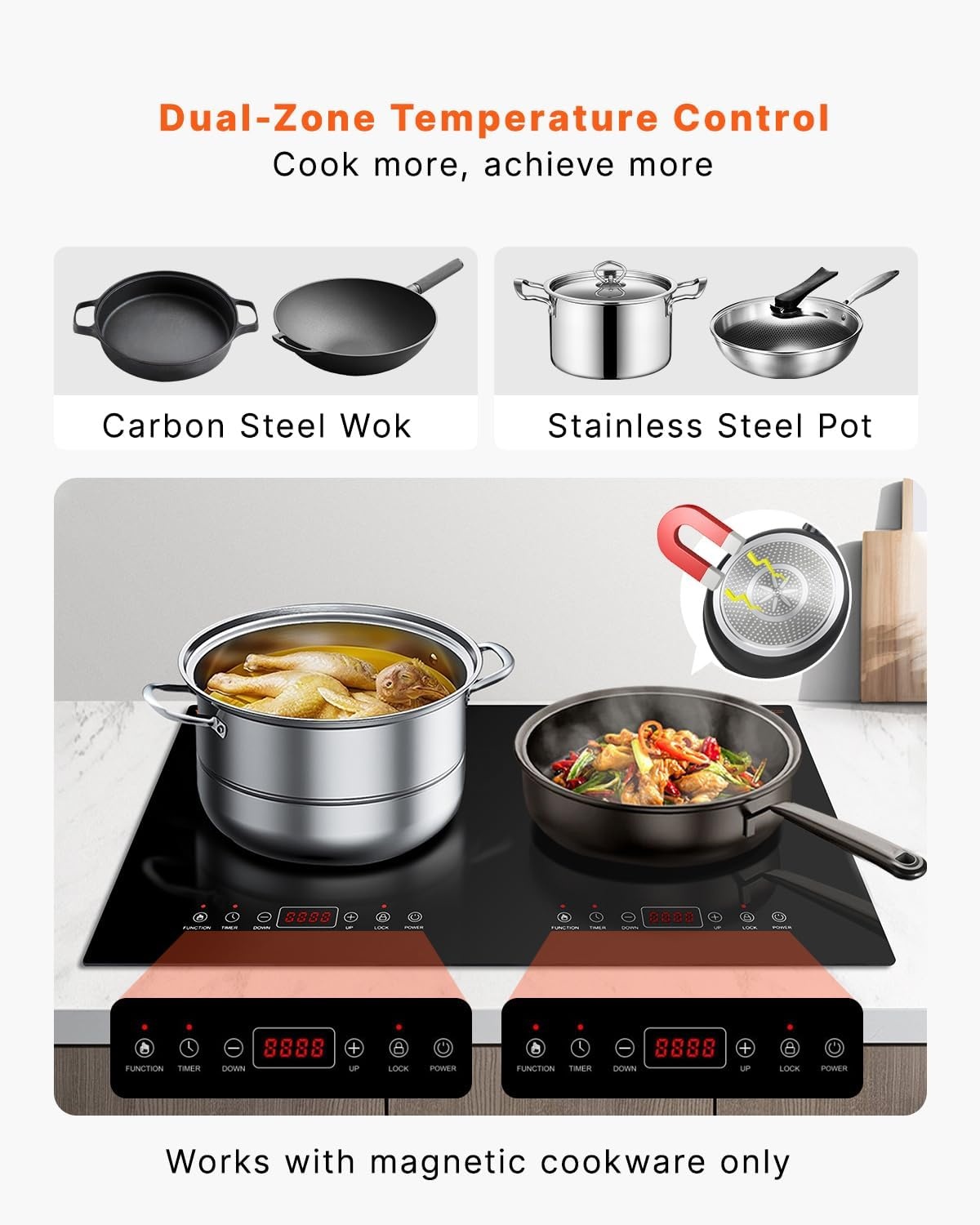 image:imageVEVOR Induction Cooktop 6600W Electric Countertop Burner 4 Burner Knob Control Stove Builtin Induction Cooktop with 12 Temperature Settings Glass Surface Auto ShutOff24in 2 Burners110V