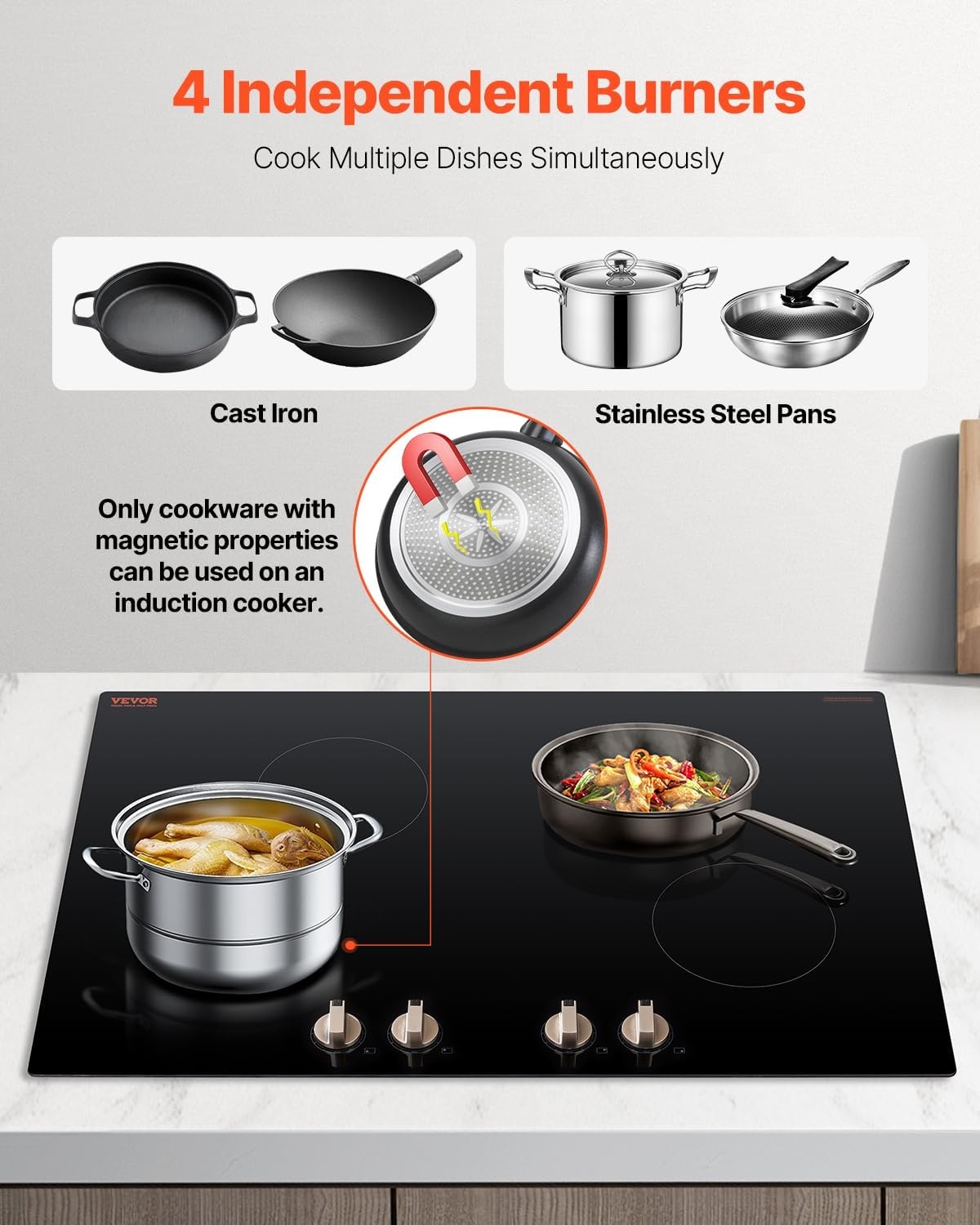 image:imageVEVOR Induction Cooktop 6600W Electric Countertop Burner 4 Burner Knob Control Stove Builtin Induction Cooktop with 12 Temperature Settings Glass Surface Auto ShutOff30in 4 Burners220V