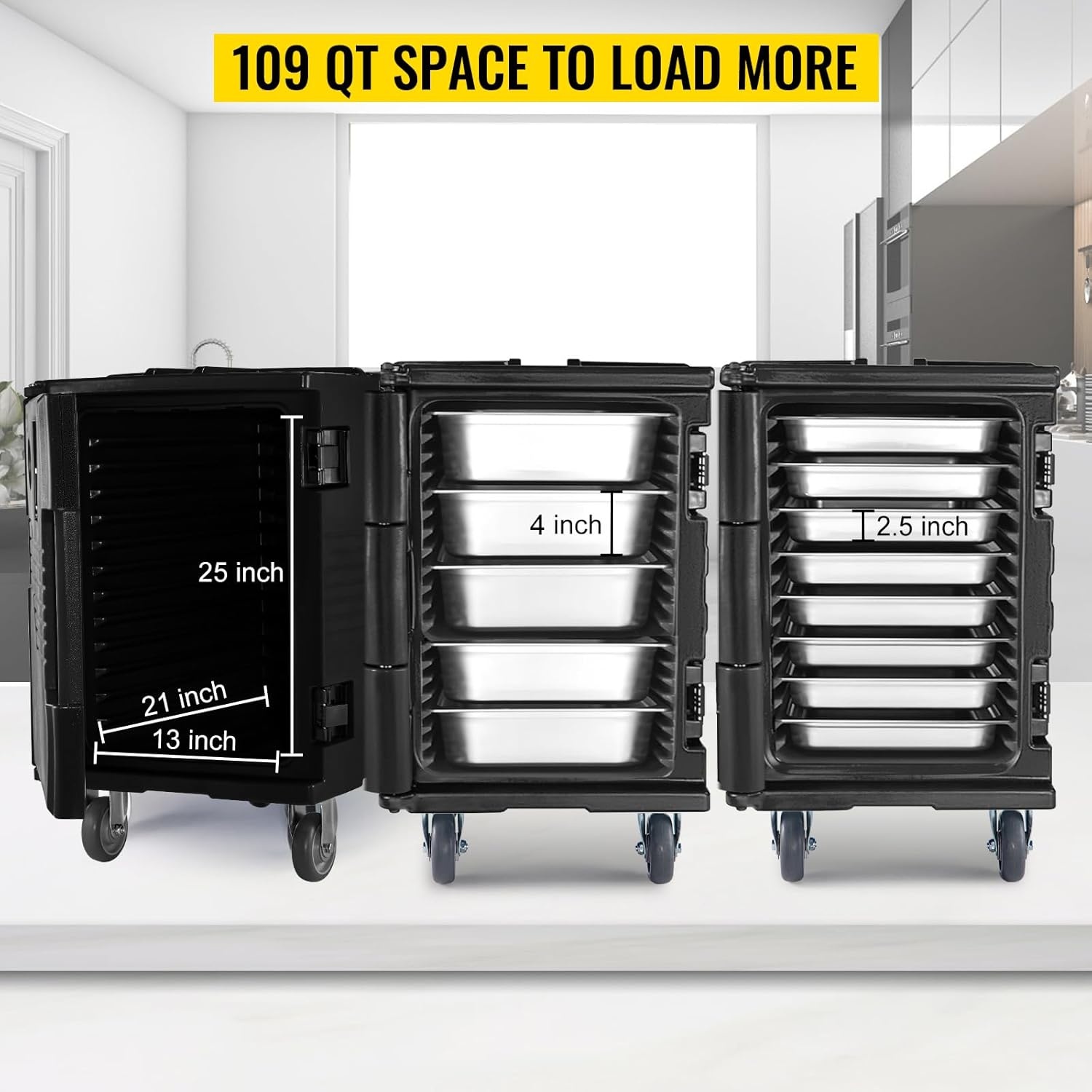 image:imageVEVOR Insulated Food Pan Carrier 127 Qt Hot Box for Catering LLDPE Food Box Carrier wDouble Buckles Front Loading Food Warmer wHandles End Loader wWheels for Restaurant Canteen etc BlackBlack