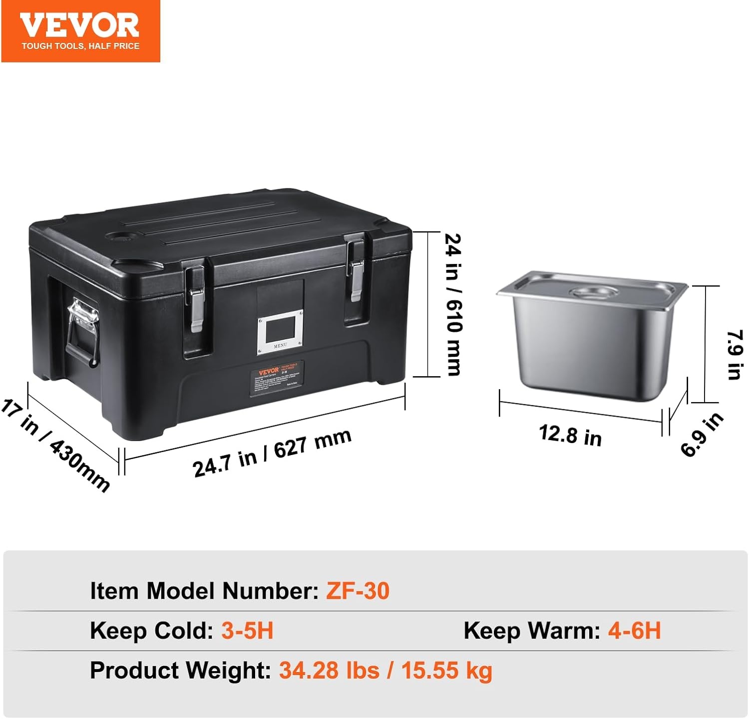 image:imageVEVOR Insulated Food Pan Carrier 127 Qt Hot Box for Catering LLDPE Food Box Carrier wDouble Buckles Front Loading Food Warmer wHandles End Loader wWheels for Restaurant Canteen etc BlackBlack