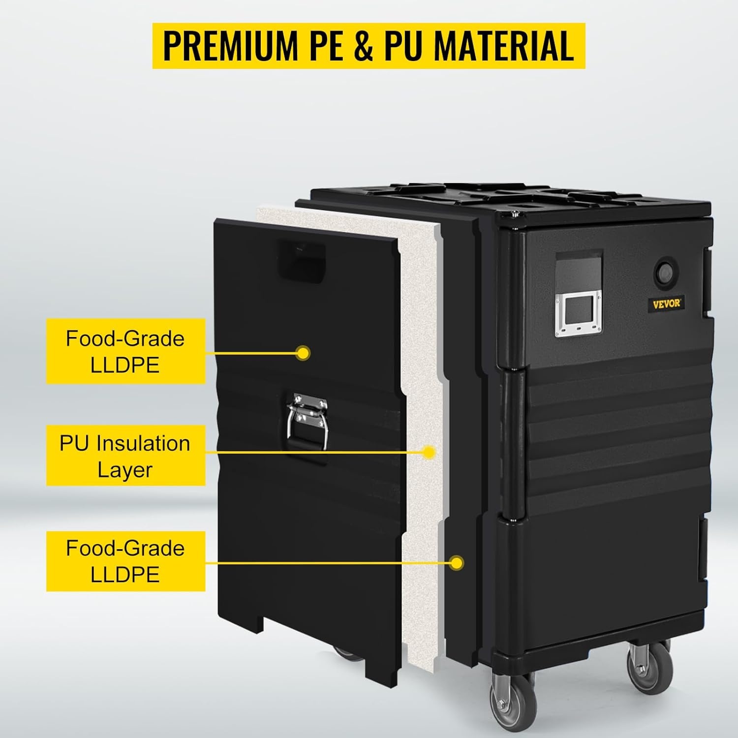 image:imageVEVOR Insulated Food Pan Carrier 127 Qt Hot Box for Catering LLDPE Food Box Carrier wDouble Buckles Front Loading Food Warmer wHandles End Loader wWheels for Restaurant Canteen etc BlackBlack