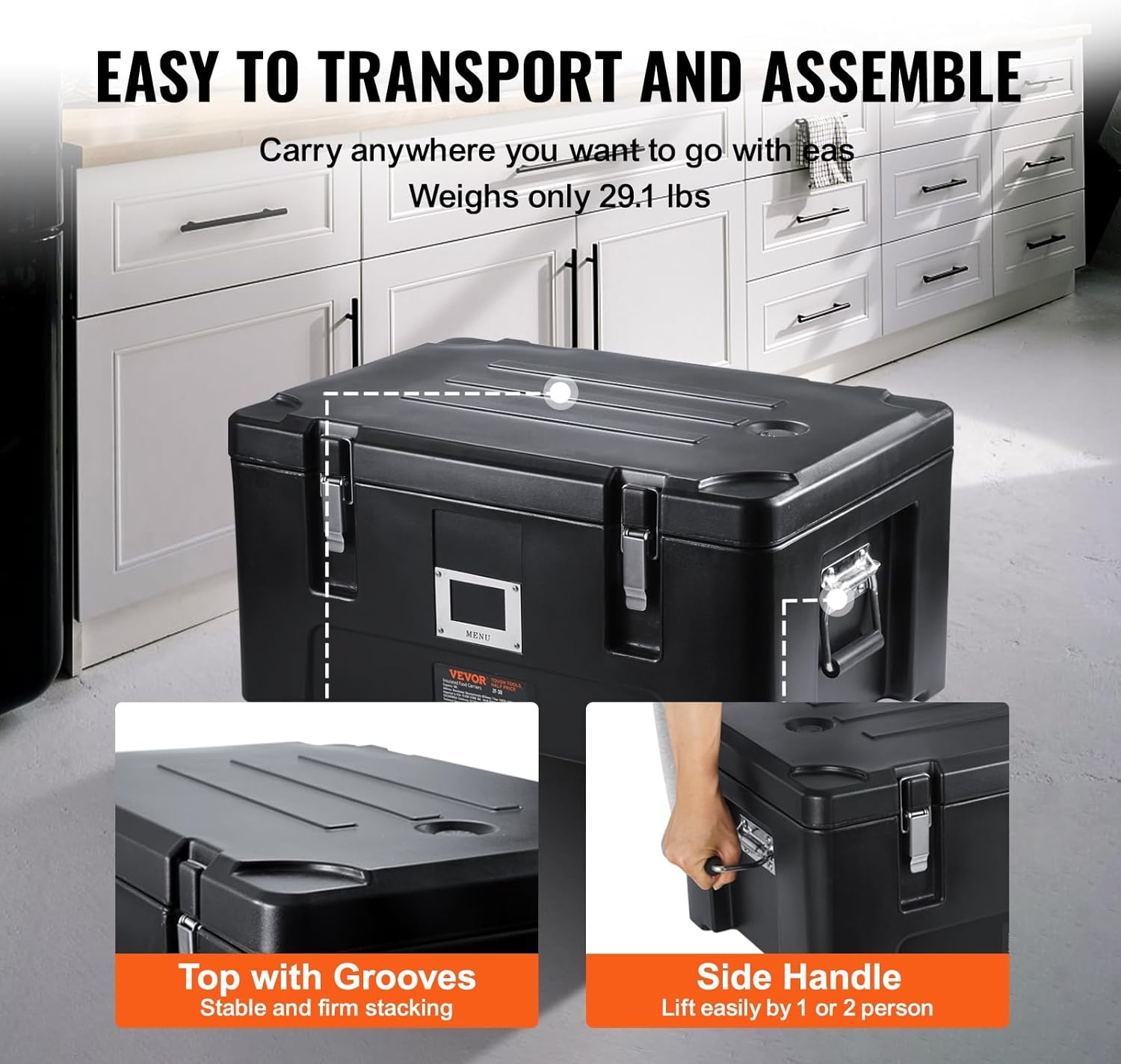 image:imageVEVOR Insulated Food Pan Carrier 127 Qt Hot Box for Catering LLDPE Food Box Carrier wDouble Buckles Front Loading Food Warmer wHandles End Loader wWheels for Restaurant Canteen etc BlackBlack