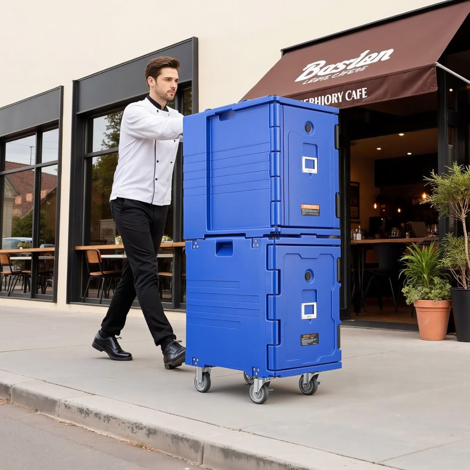 image:imageVEVOR Insulated Food Pan Carrier 127 Qt Hot Box for Catering LLDPE Food Box Carrier wDouble Buckles Front Loading Food Warmer wHandles End Loader wWheels for Restaurant Canteen etc BlackBlue