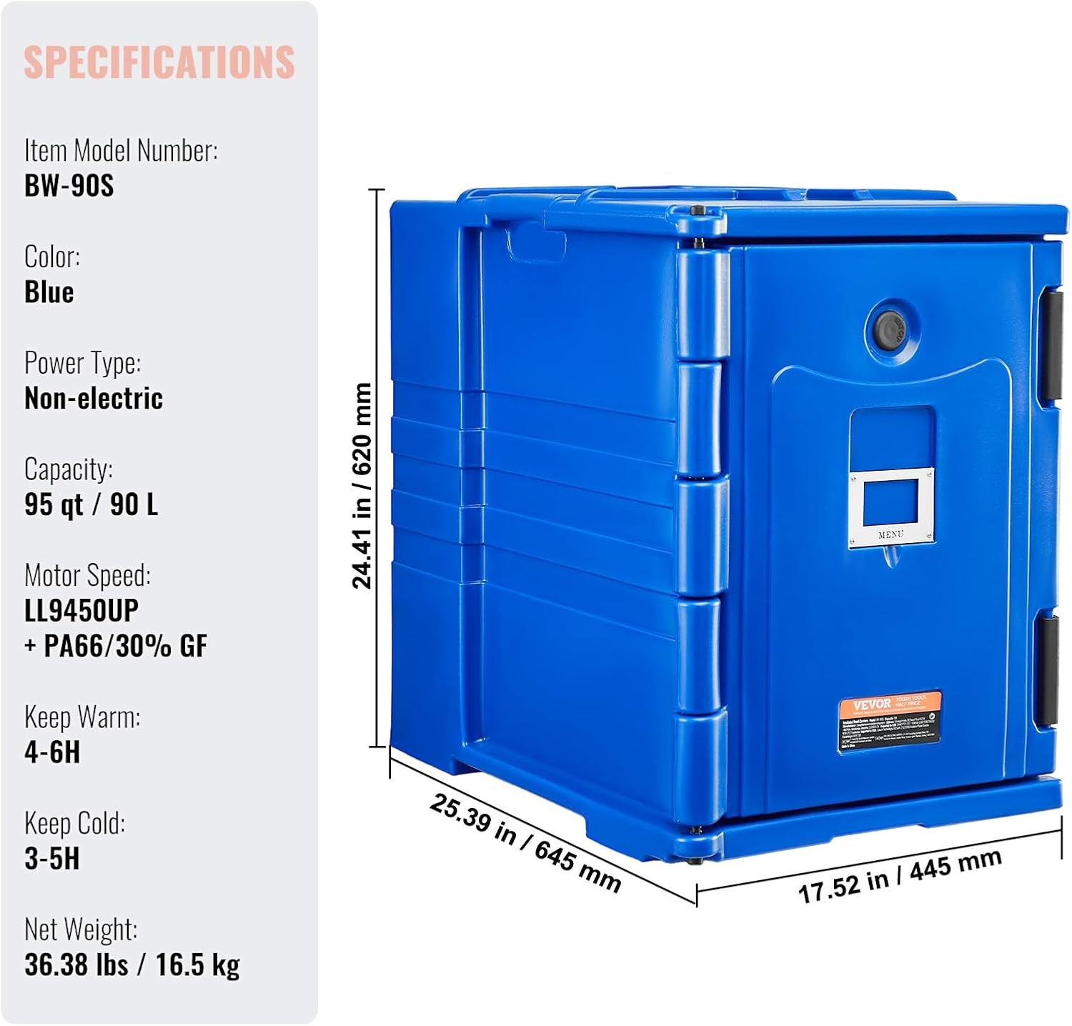 image:imageVEVOR Insulated Food Pan Carrier 127 Qt Hot Box for Catering LLDPE Food Box Carrier wDouble Buckles Front Loading Food Warmer wHandles End Loader wWheels for Restaurant Canteen etc BlackBlue