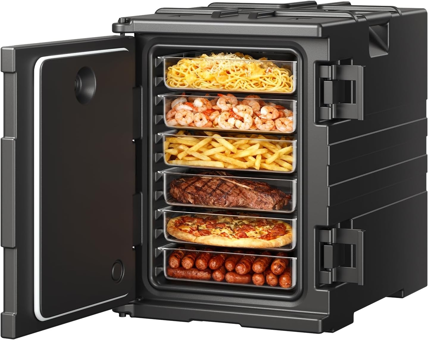 image:imageVEVOR Insulated Food Pan Carrier 127 Qt Hot Box for Catering LLDPE Food Box Carrier wDouble Buckles Front Loading Food Warmer wHandles End Loader wWheels for Restaurant Canteen etc BlackBlack