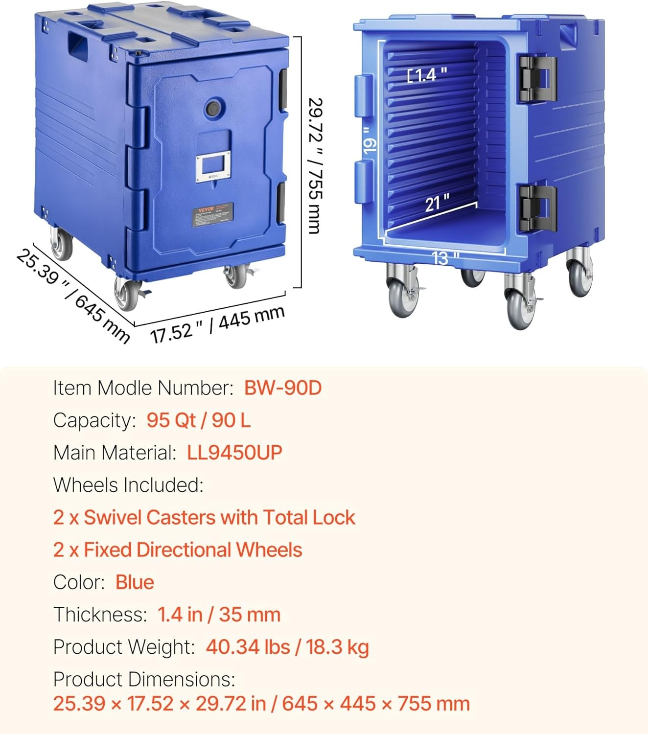 image:imageVEVOR Insulated Food Pan Carrier 127 Qt Hot Box for Catering LLDPE Food Box Carrier wDouble Buckles Front Loading Food Warmer wHandles End Loader wWheels for Restaurant Canteen etc BlackBlue
