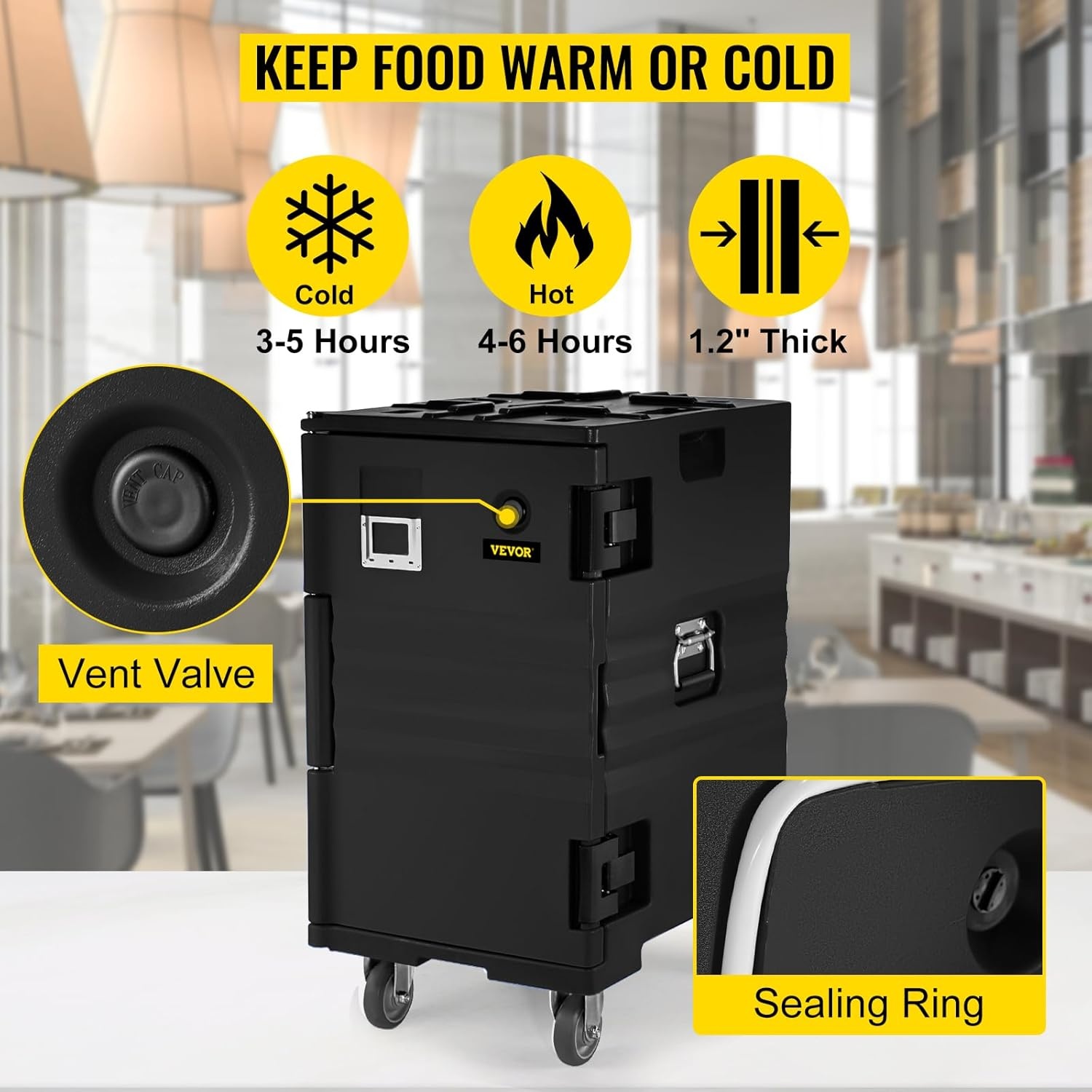 image:imageVEVOR Insulated Food Pan Carrier 127 Qt Hot Box for Catering LLDPE Food Box Carrier wDouble Buckles Front Loading Food Warmer wHandles End Loader wWheels for Restaurant Canteen etc BlackBlack