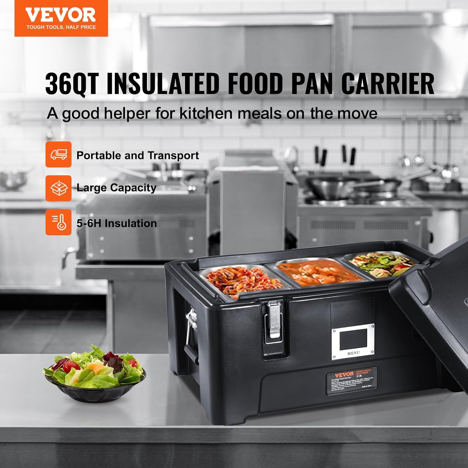 image:imageVEVOR Insulated Food Pan Carrier 127 Qt Hot Box for Catering LLDPE Food Box Carrier wDouble Buckles Front Loading Food Warmer wHandles End Loader wWheels for Restaurant Canteen etc BlackBlack