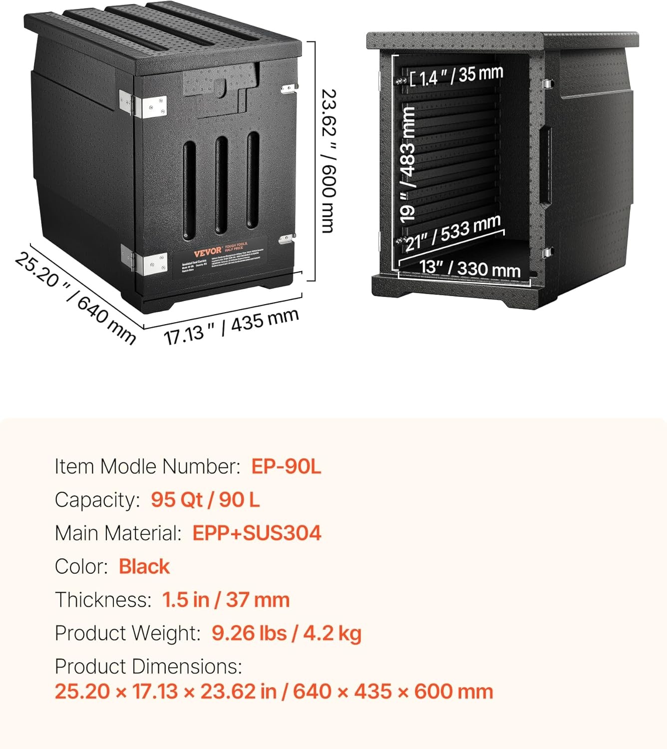 image:imageVEVOR Insulated Food Pan Carrier 127 Qt Hot Box for Catering LLDPE Food Box Carrier wDouble Buckles Front Loading Food Warmer wHandles End Loader wWheels for Restaurant Canteen etc BlackBlack