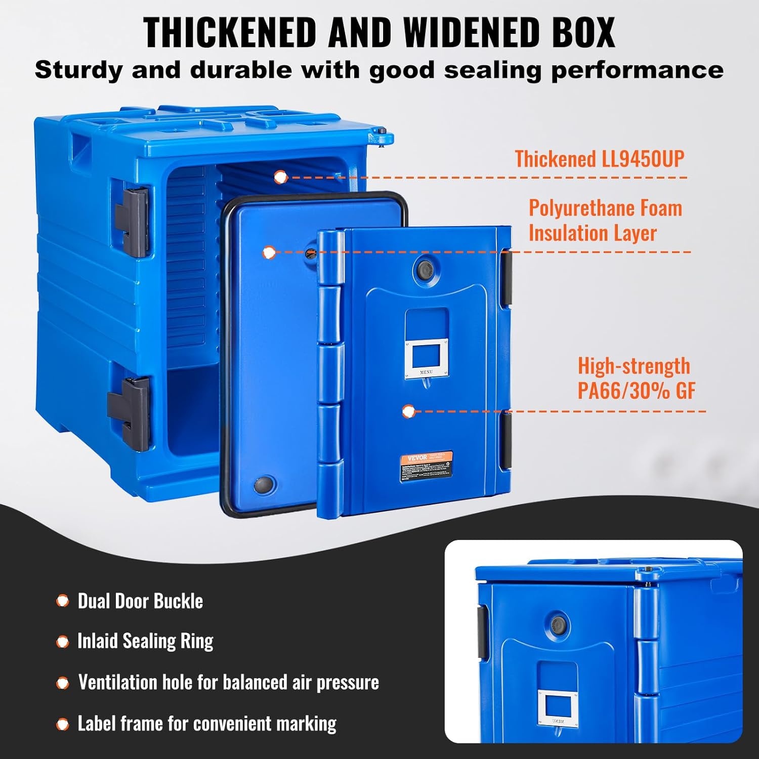 image:imageVEVOR Insulated Food Pan Carrier 127 Qt Hot Box for Catering LLDPE Food Box Carrier wDouble Buckles Front Loading Food Warmer wHandles End Loader wWheels for Restaurant Canteen etc BlackBlue