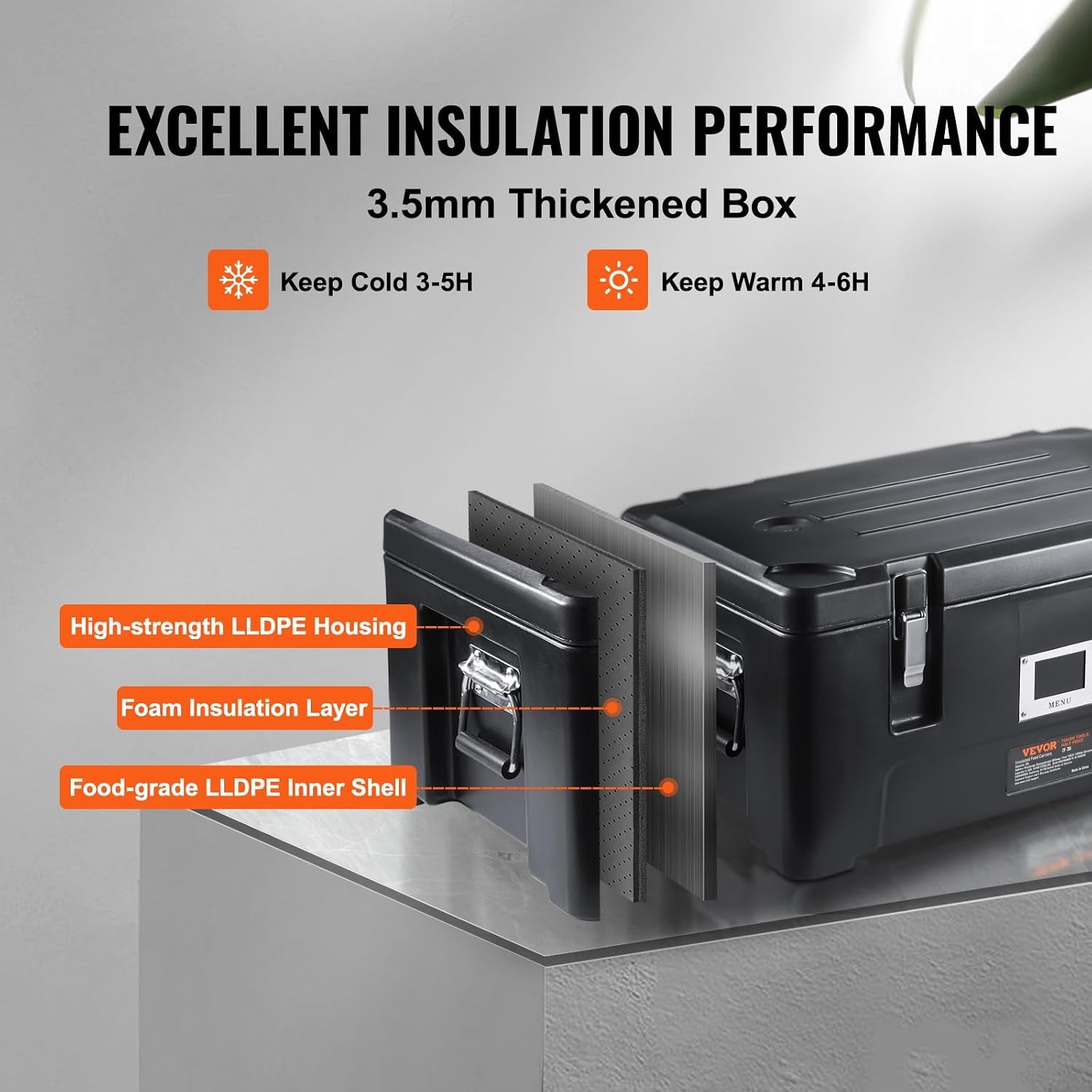 image:imageVEVOR Insulated Food Pan Carrier 127 Qt Hot Box for Catering LLDPE Food Box Carrier wDouble Buckles Front Loading Food Warmer wHandles End Loader wWheels for Restaurant Canteen etc BlackBlack