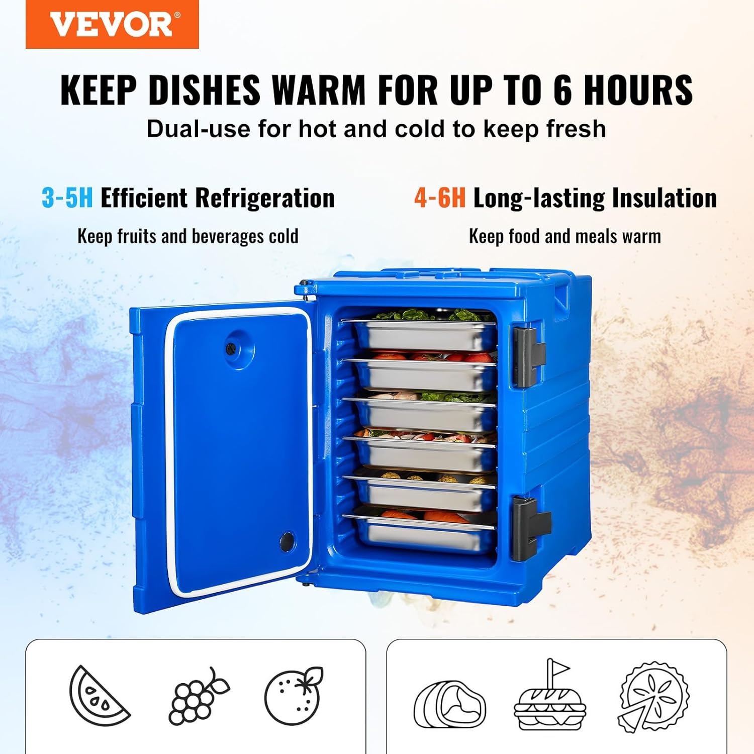 image:imageVEVOR Insulated Food Pan Carrier 127 Qt Hot Box for Catering LLDPE Food Box Carrier wDouble Buckles Front Loading Food Warmer wHandles End Loader wWheels for Restaurant Canteen etc BlackBlue