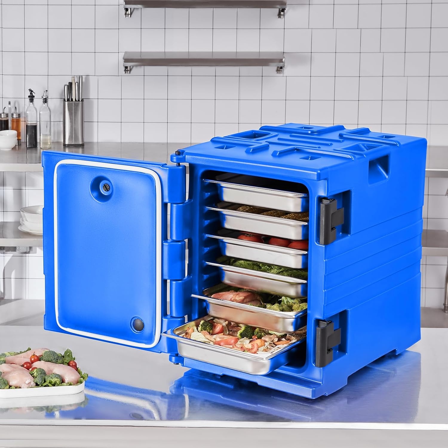 image:imageVEVOR Insulated Food Pan Carrier 127 Qt Hot Box for Catering LLDPE Food Box Carrier wDouble Buckles Front Loading Food Warmer wHandles End Loader wWheels for Restaurant Canteen etc BlackBlue