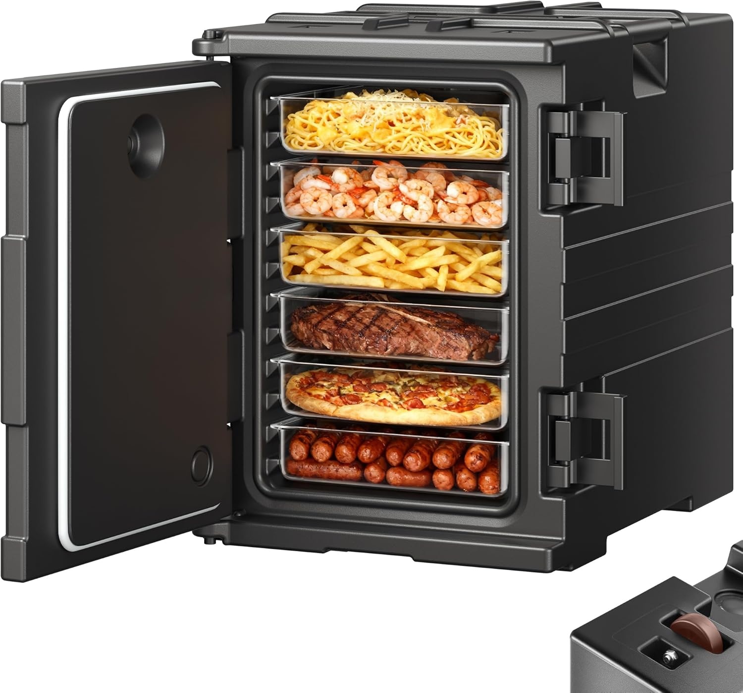 image:imageVEVOR Insulated Food Pan Carrier 127 Qt Hot Box for Catering LLDPE Food Box Carrier wDouble Buckles Front Loading Food Warmer wHandles End Loader wWheels for Restaurant Canteen etc BlackBlack