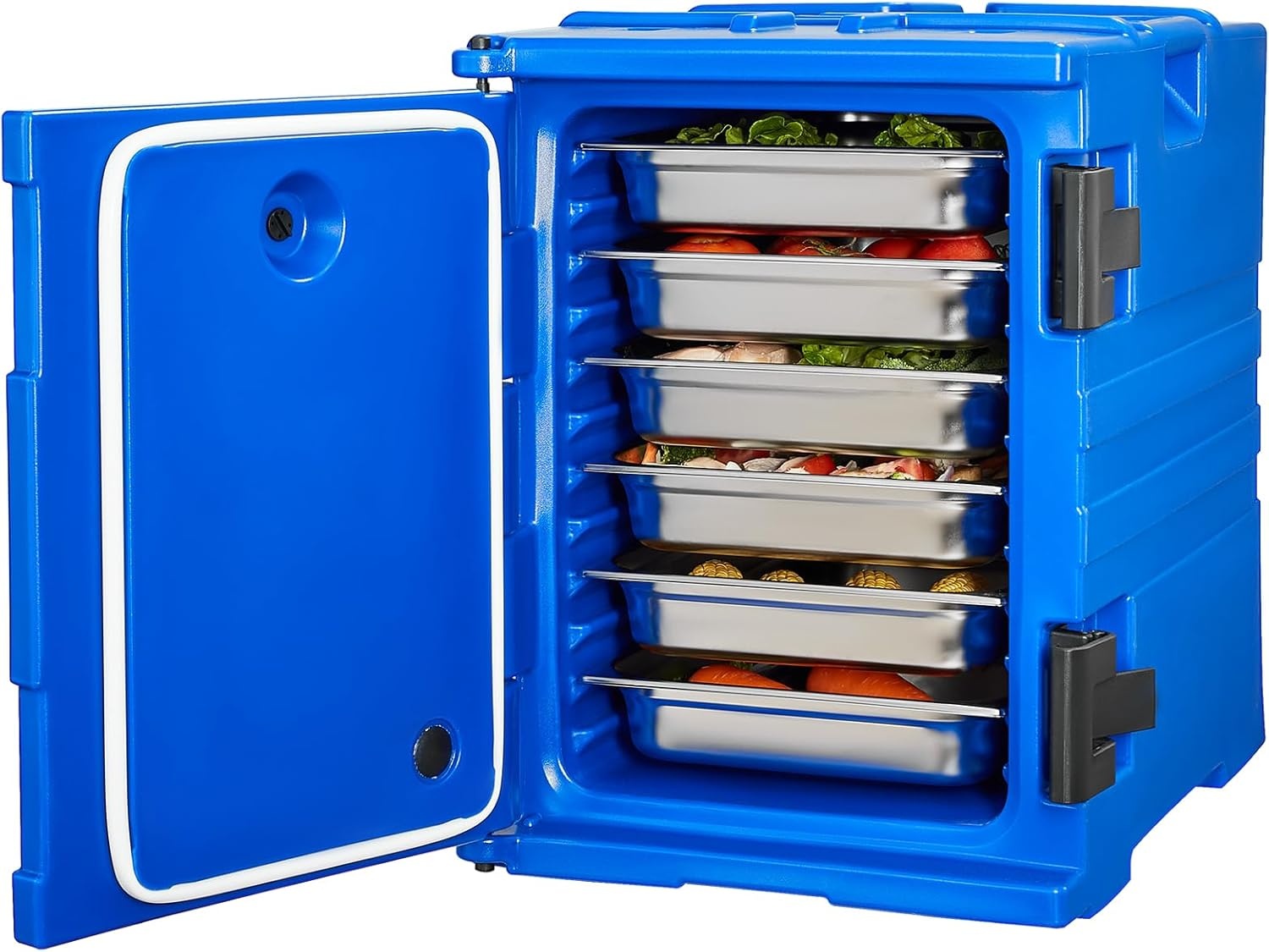 image:imageVEVOR Insulated Food Pan Carrier 127 Qt Hot Box for Catering LLDPE Food Box Carrier wDouble Buckles Front Loading Food Warmer wHandles End Loader wWheels for Restaurant Canteen etc BlackBlue