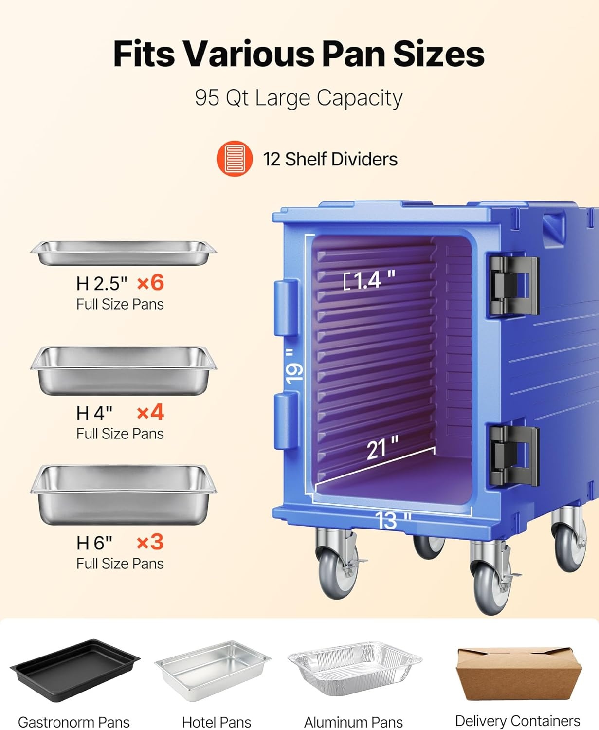 image:imageVEVOR Insulated Food Pan Carrier 127 Qt Hot Box for Catering LLDPE Food Box Carrier wDouble Buckles Front Loading Food Warmer wHandles End Loader wWheels for Restaurant Canteen etc BlackBlue