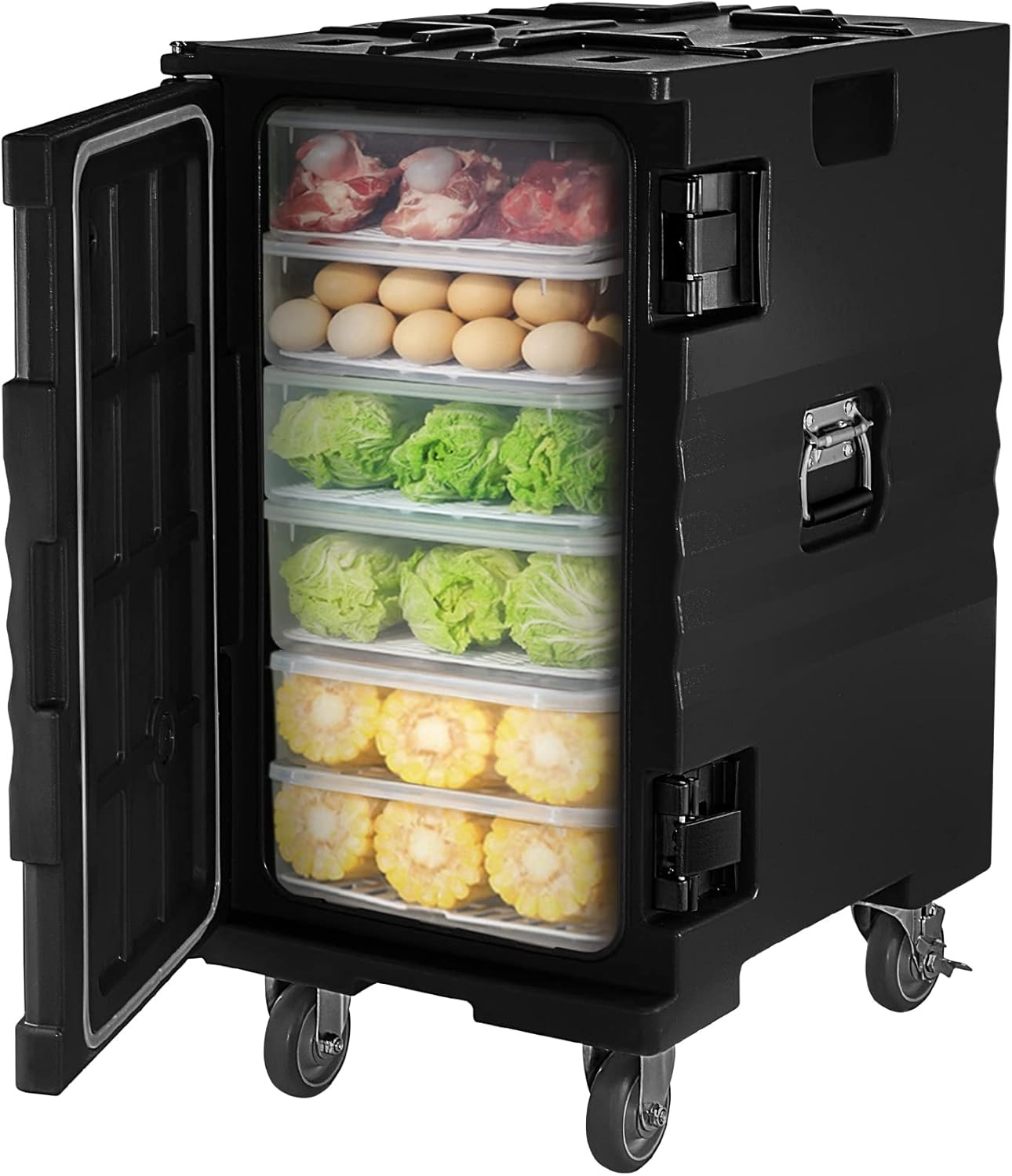 image:imageVEVOR Insulated Food Pan Carrier 127 Qt Hot Box for Catering LLDPE Food Box Carrier wDouble Buckles Front Loading Food Warmer wHandles End Loader wWheels for Restaurant Canteen etc BlackBlack