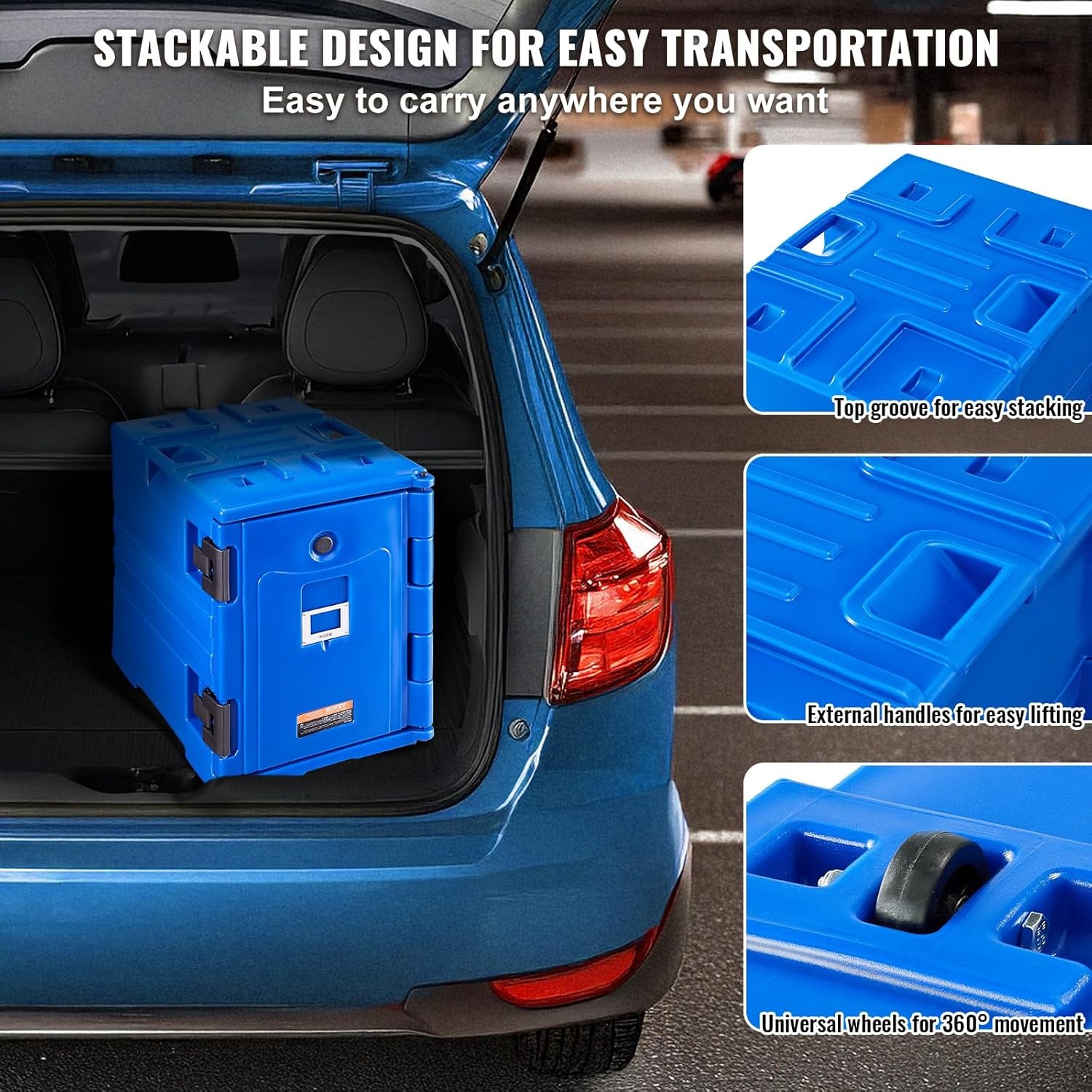 image:imageVEVOR Insulated Food Pan Carrier 127 Qt Hot Box for Catering LLDPE Food Box Carrier wDouble Buckles Front Loading Food Warmer wHandles End Loader wWheels for Restaurant Canteen etc BlackBlue