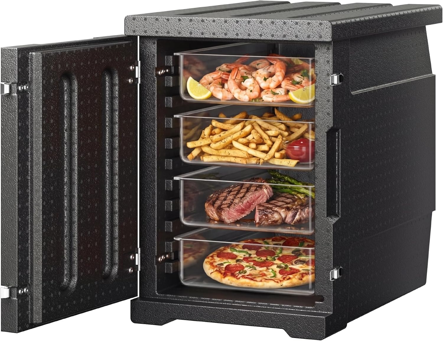 image:imageVEVOR Insulated Food Pan Carrier 127 Qt Hot Box for Catering LLDPE Food Box Carrier wDouble Buckles Front Loading Food Warmer wHandles End Loader wWheels for Restaurant Canteen etc BlackBlack