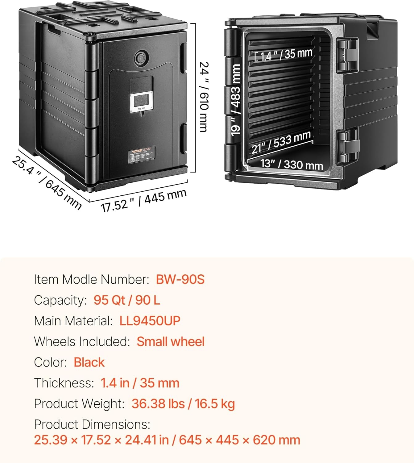 image:imageVEVOR Insulated Food Pan Carrier 127 Qt Hot Box for Catering LLDPE Food Box Carrier wDouble Buckles Front Loading Food Warmer wHandles End Loader wWheels for Restaurant Canteen etc BlackBlack