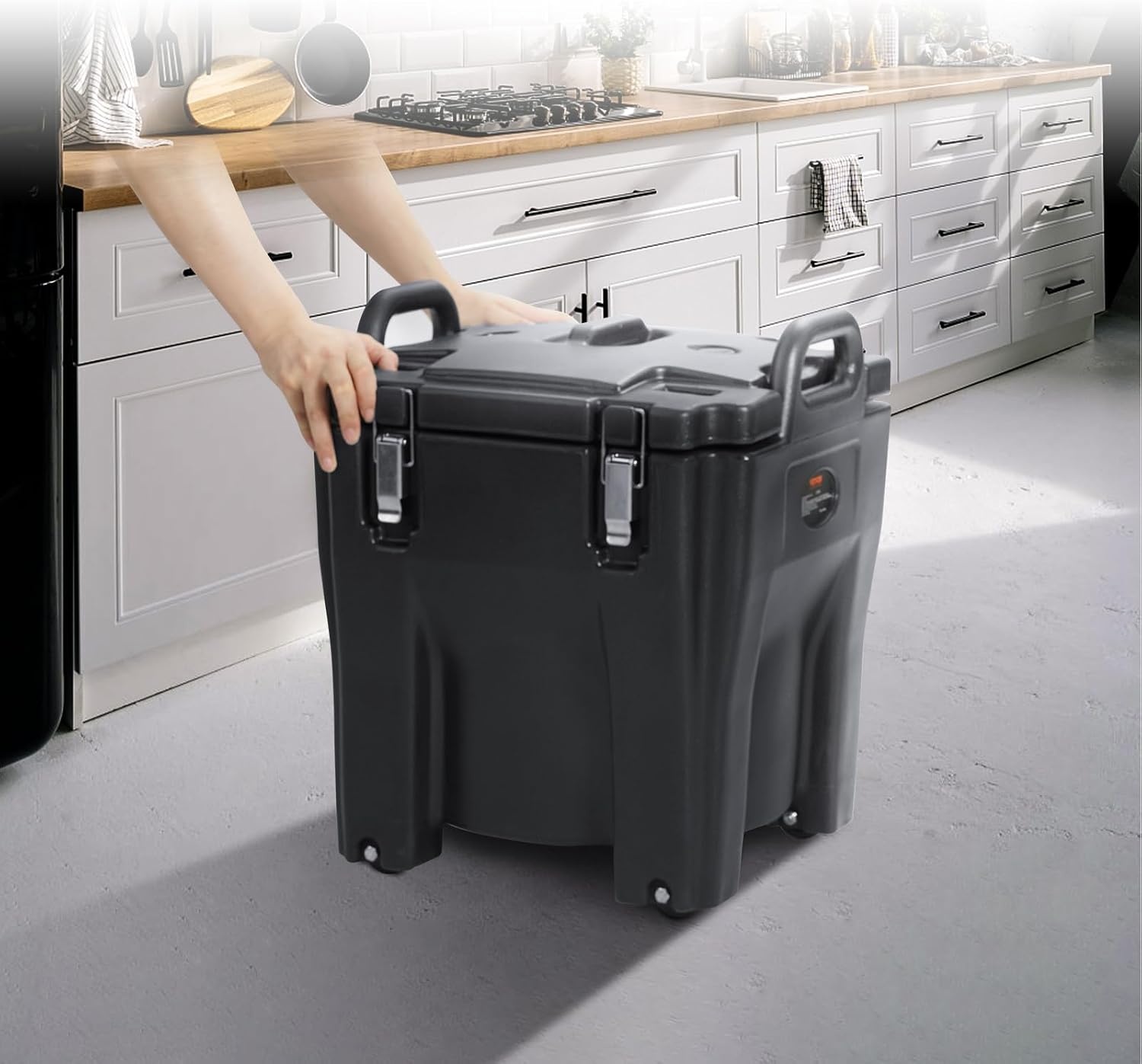 image:imageVEVOR Insulated Food Pan Carrier 127 Qt Hot Box for Catering LLDPE Food Box Carrier wDouble Buckles Front Loading Food Warmer wHandles End Loader wWheels for Restaurant Canteen etc BlackBlack