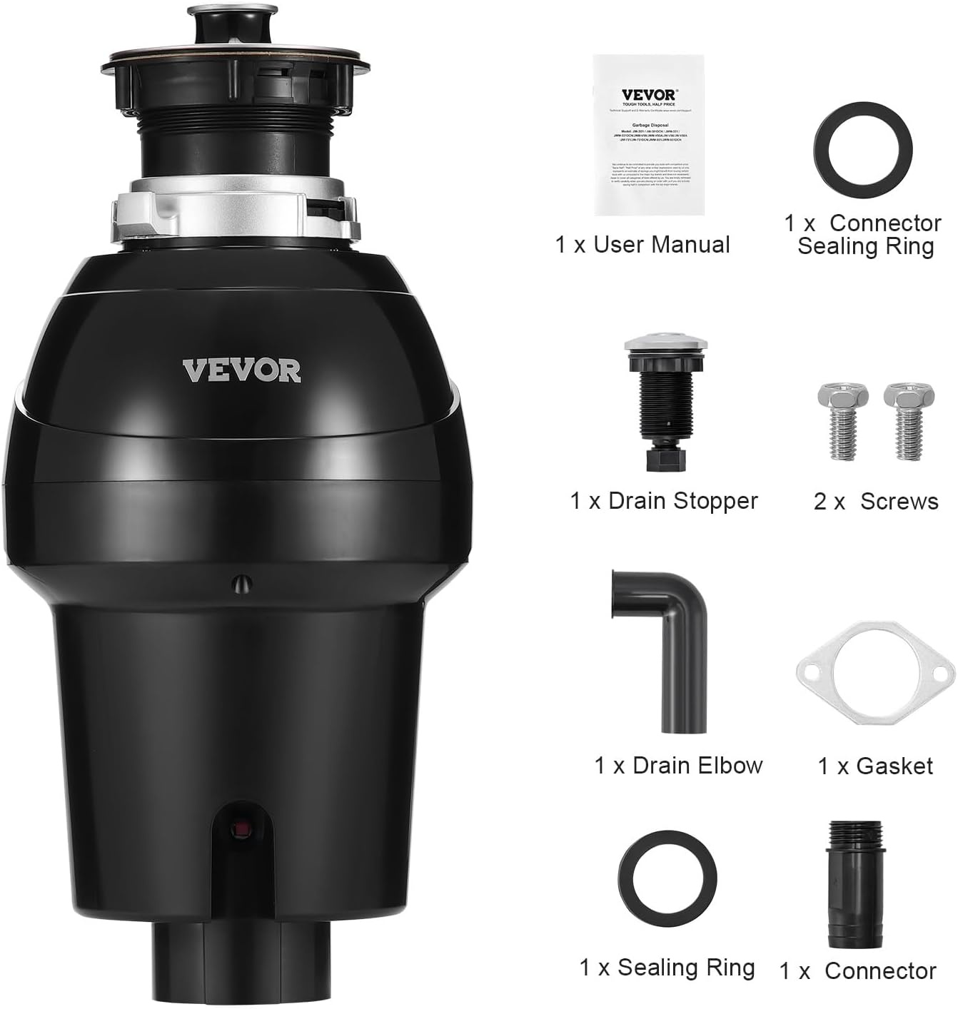 image:imageVEVOR JW301 Garbage 12HP 3450RPM DC Motor Continuous Feed Sink Disposer EZ Connect Food Waste Grinding System with Power Cord and Splash Guard for Kitchen Black1HP 3270RPM