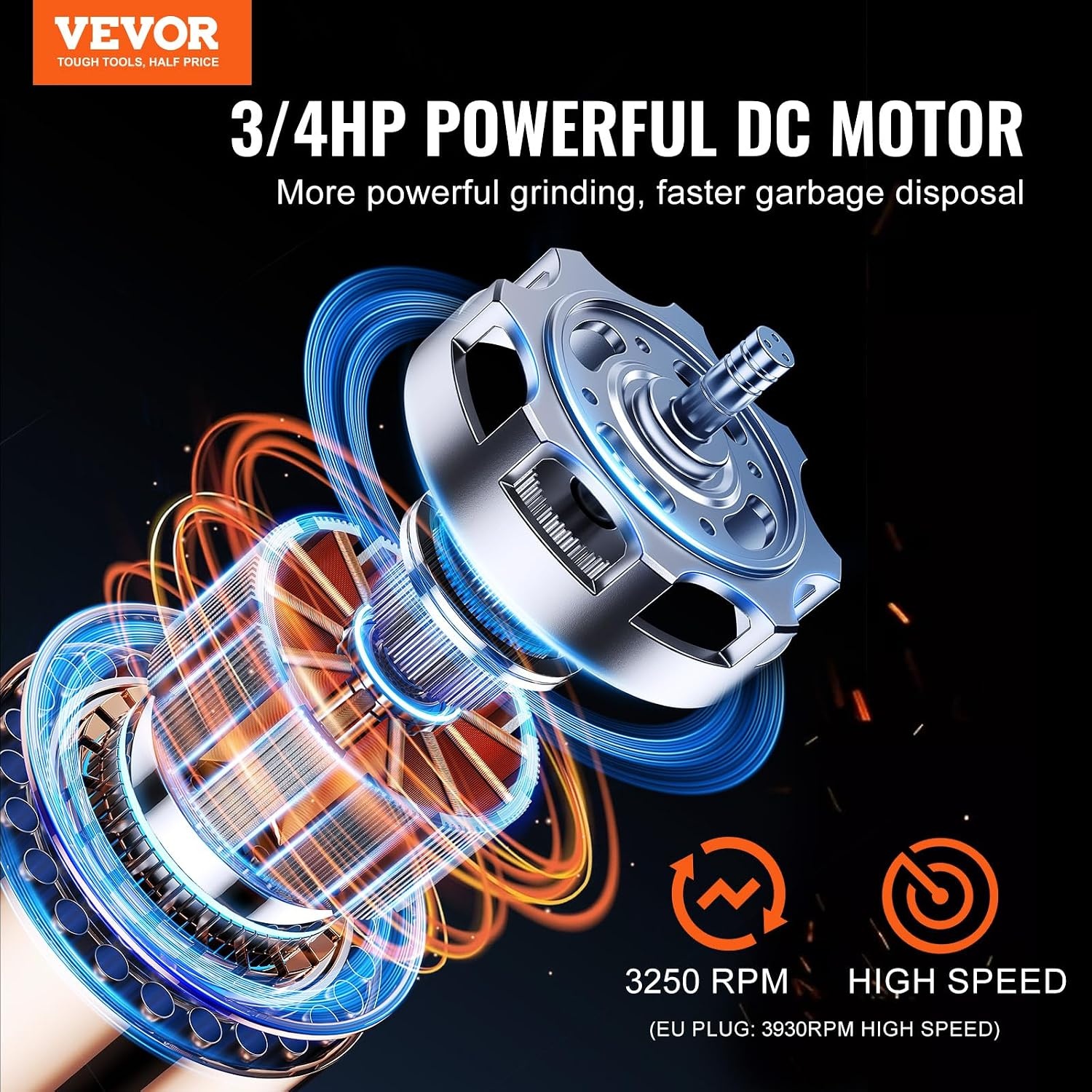 image:imageVEVOR JW301 Garbage 12HP 3450RPM DC Motor Continuous Feed Sink Disposer EZ Connect Food Waste Grinding System with Power Cord and Splash Guard for Kitchen Black34HP 3250RPM