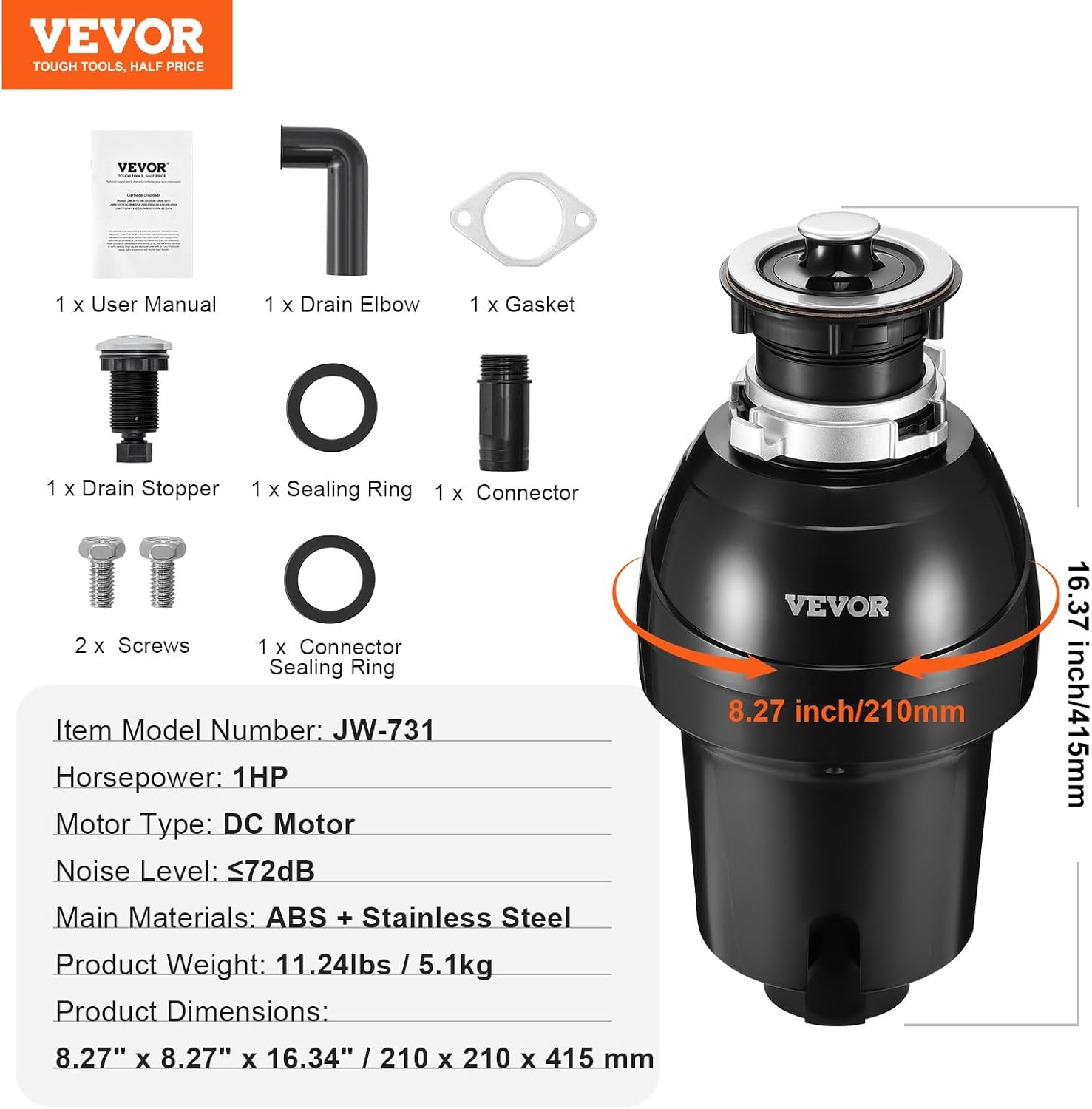 image:imageVEVOR JW301 Garbage 12HP 3450RPM DC Motor Continuous Feed Sink Disposer EZ Connect Food Waste Grinding System with Power Cord and Splash Guard for Kitchen Black1HP 3270RPM