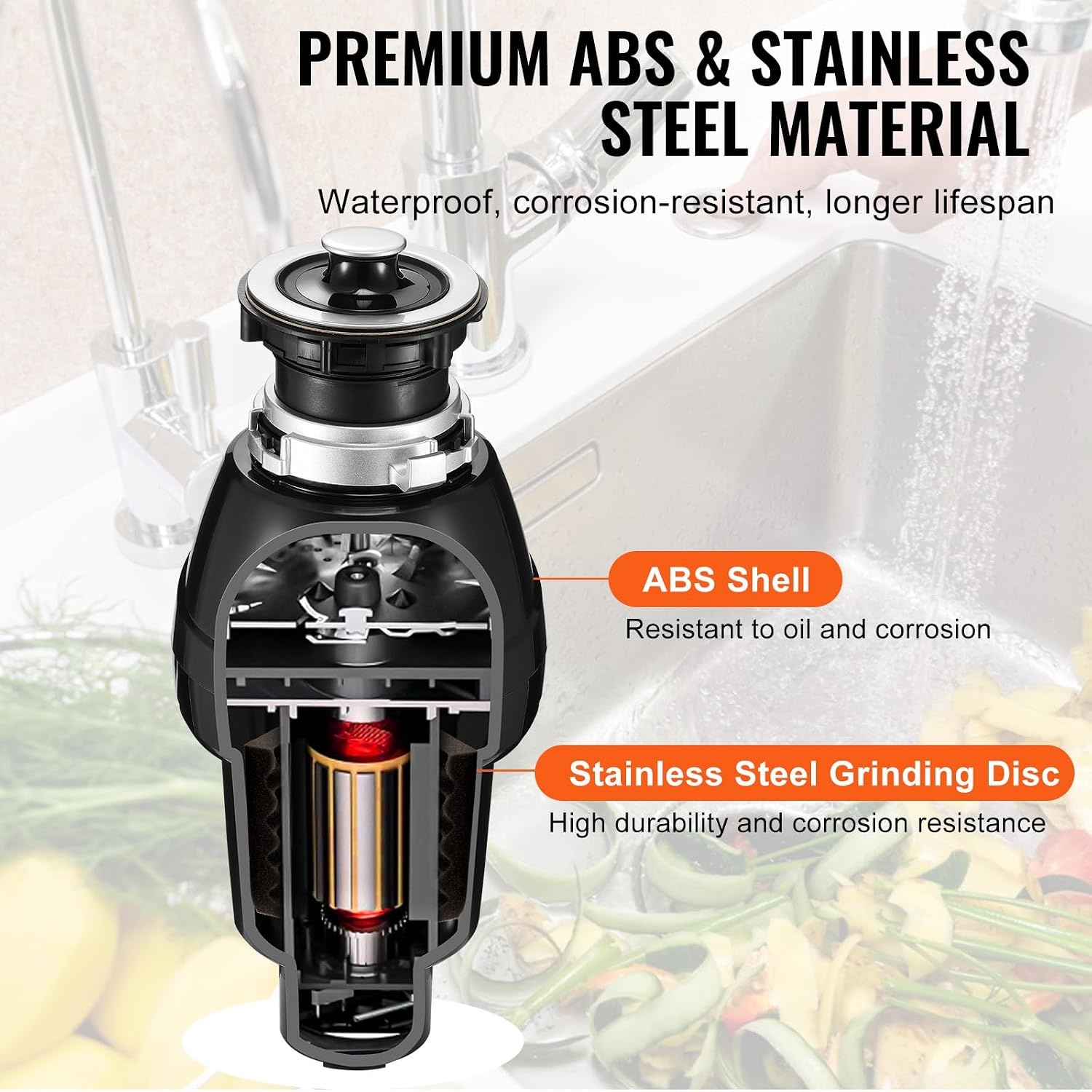 image:imageVEVOR JW301 Garbage 12HP 3450RPM DC Motor Continuous Feed Sink Disposer EZ Connect Food Waste Grinding System with Power Cord and Splash Guard for Kitchen Black34HP 3250RPM