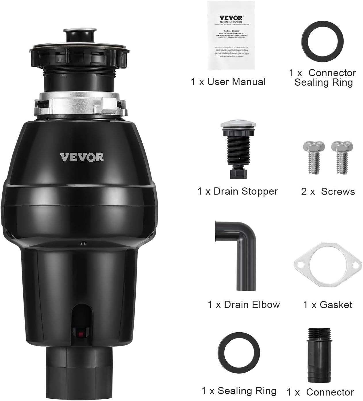 image:imageVEVOR JW301 Garbage 12HP 3450RPM DC Motor Continuous Feed Sink Disposer EZ Connect Food Waste Grinding System with Power Cord and Splash Guard for Kitchen Black34HP 3250RPM