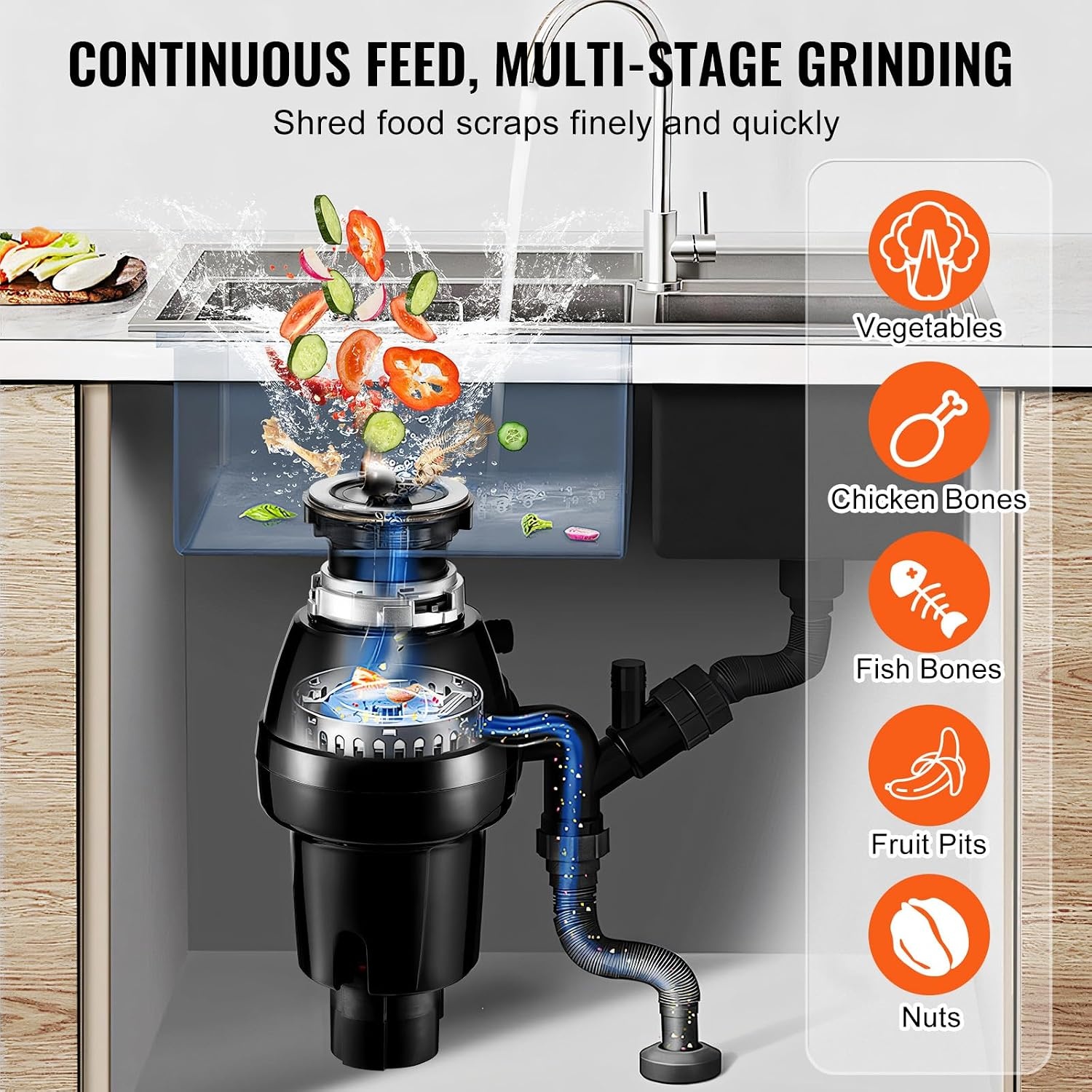 image:imageVEVOR JW301 Garbage 12HP 3450RPM DC Motor Continuous Feed Sink Disposer EZ Connect Food Waste Grinding System with Power Cord and Splash Guard for Kitchen Black34HP 3250RPM