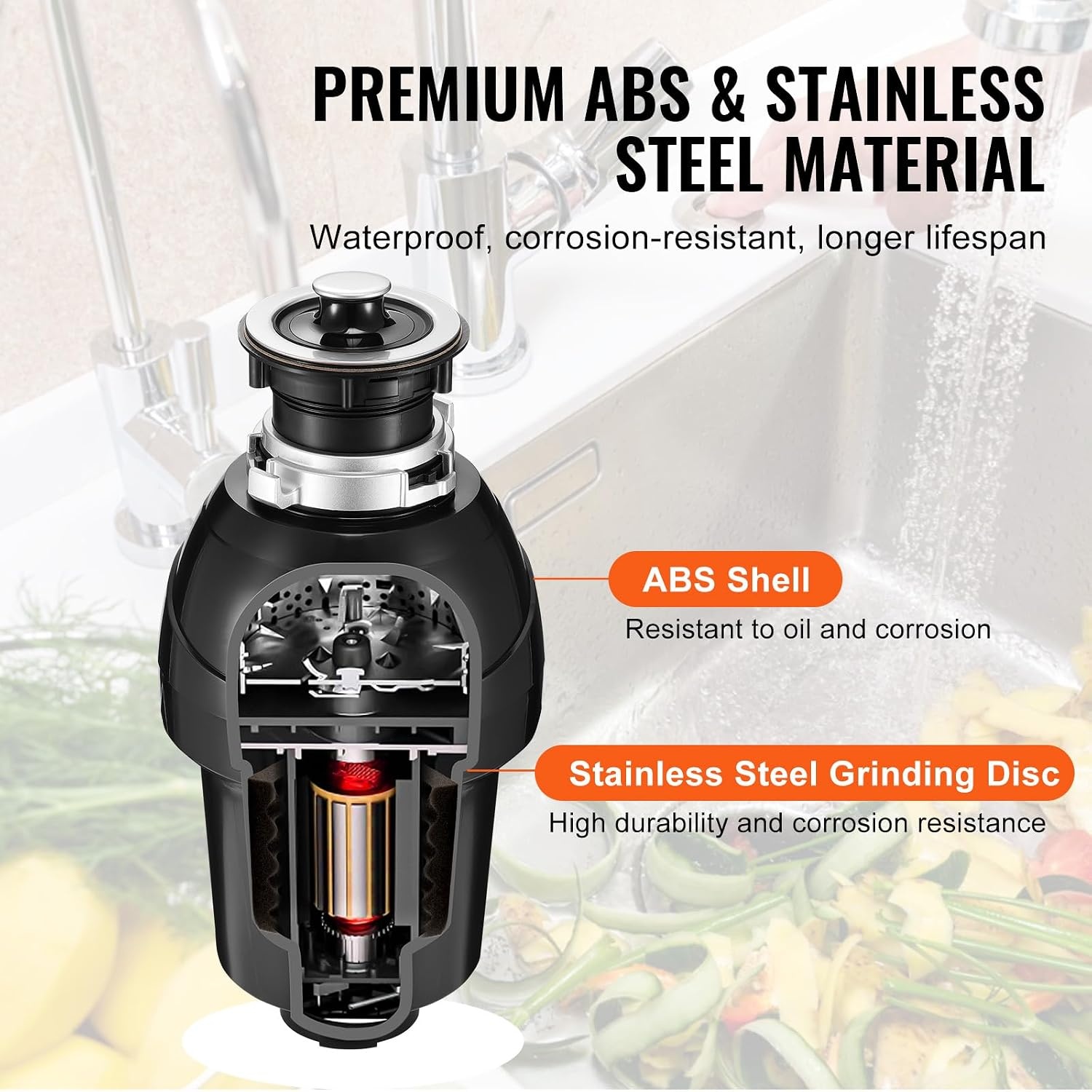 image:imageVEVOR JW301 Garbage 12HP 3450RPM DC Motor Continuous Feed Sink Disposer EZ Connect Food Waste Grinding System with Power Cord and Splash Guard for Kitchen Black1HP 3270RPM