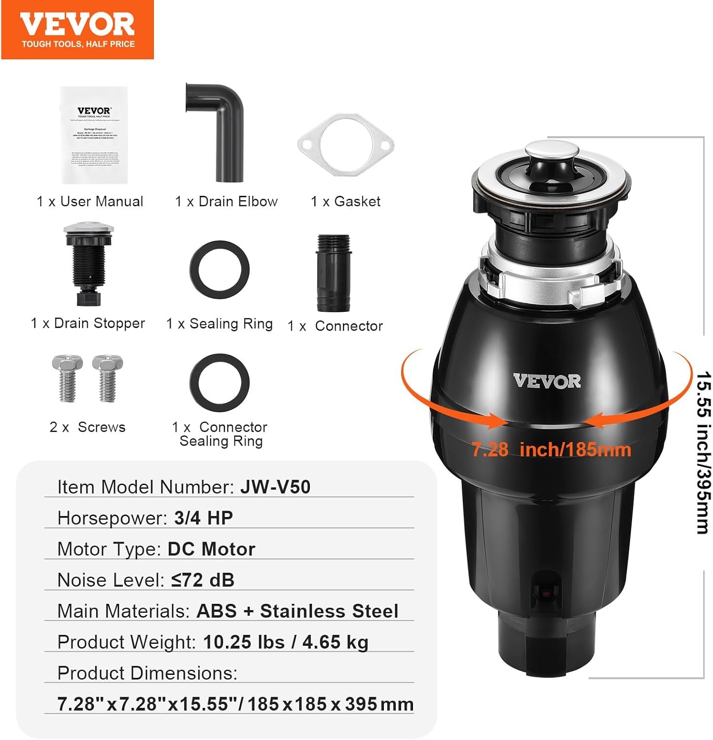 image:imageVEVOR JW301 Garbage 12HP 3450RPM DC Motor Continuous Feed Sink Disposer EZ Connect Food Waste Grinding System with Power Cord and Splash Guard for Kitchen Black34HP 3250RPM