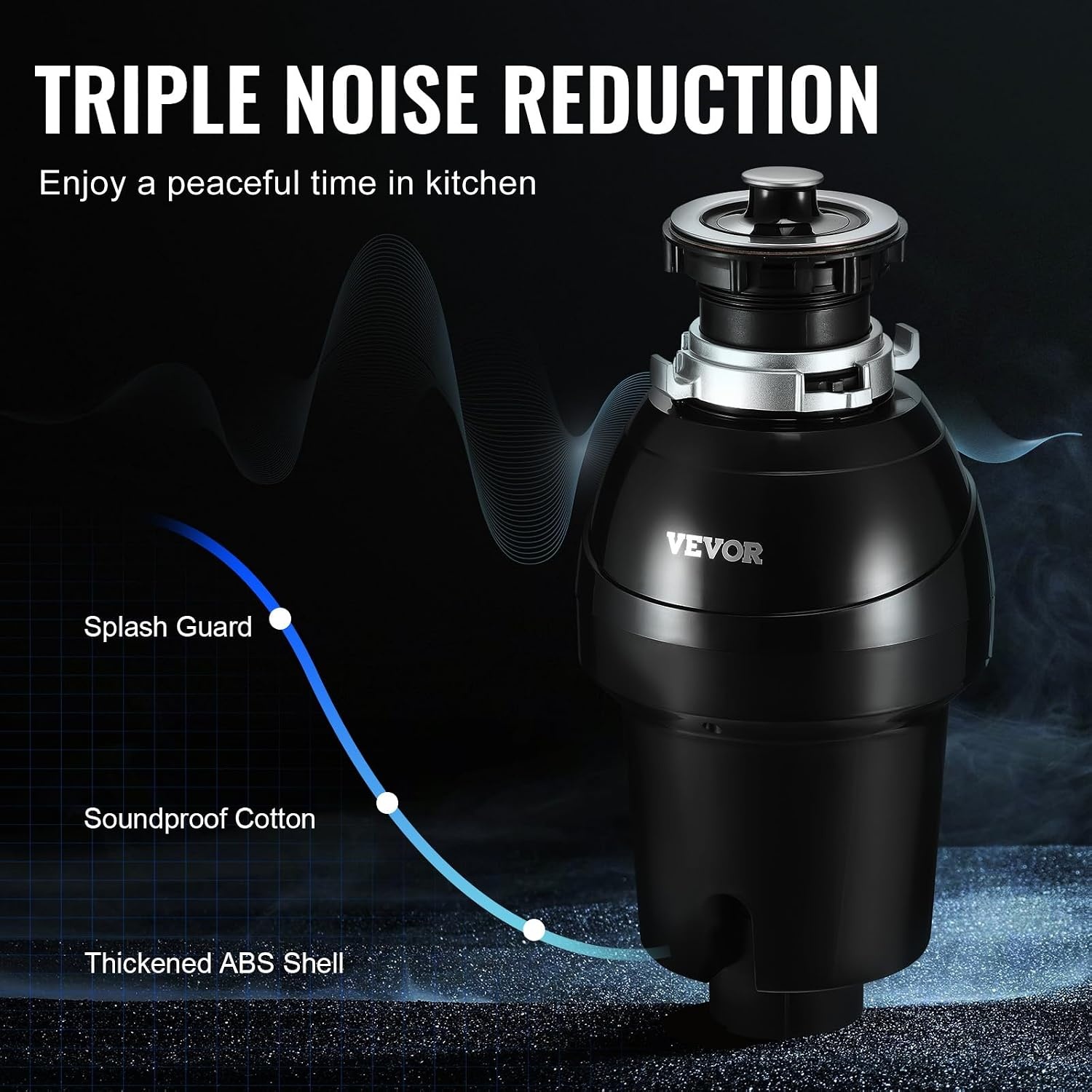 image:imageVEVOR JW301 Garbage 12HP 3450RPM DC Motor Continuous Feed Sink Disposer EZ Connect Food Waste Grinding System with Power Cord and Splash Guard for Kitchen Black1HP 3270RPM